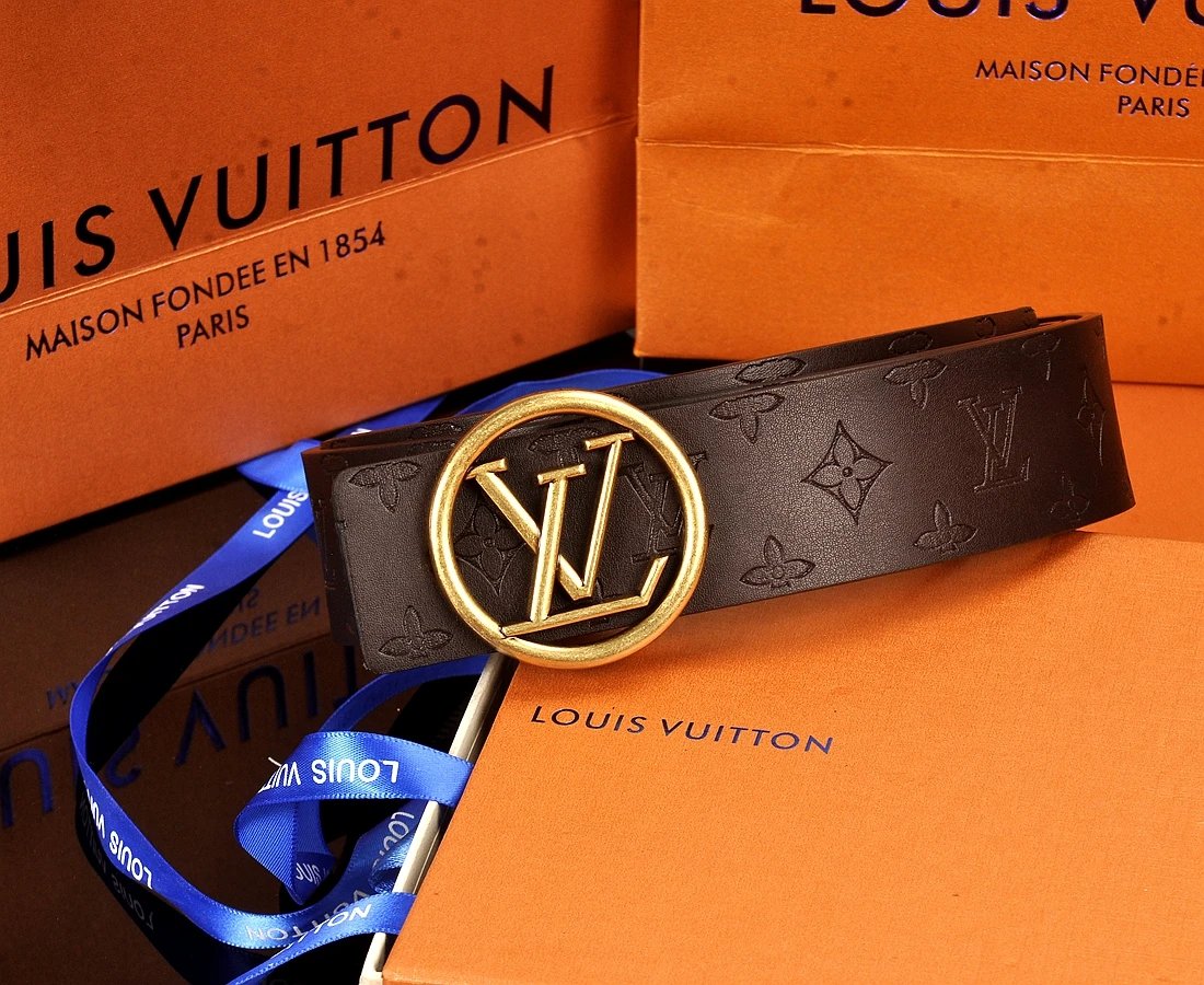 Louis Vuitton LV Circle Monogram Shadow Belt Antique Gold Round Buckle Black