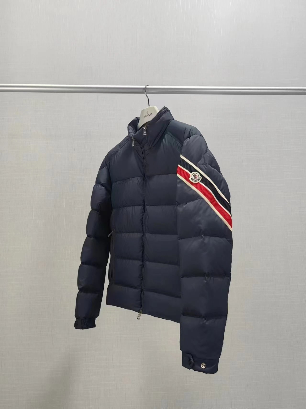 Moncler Maya Down Jacket Black with Red-White Stripe Sleeve - 6