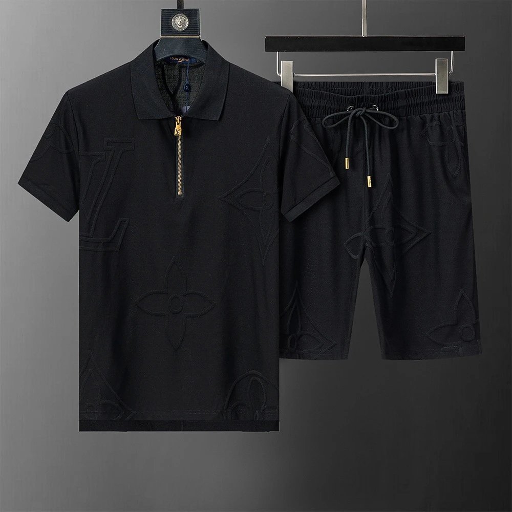 Louis Vuitton LV Embossed Monogram Zip Polo Shirt and Shorts Set Black