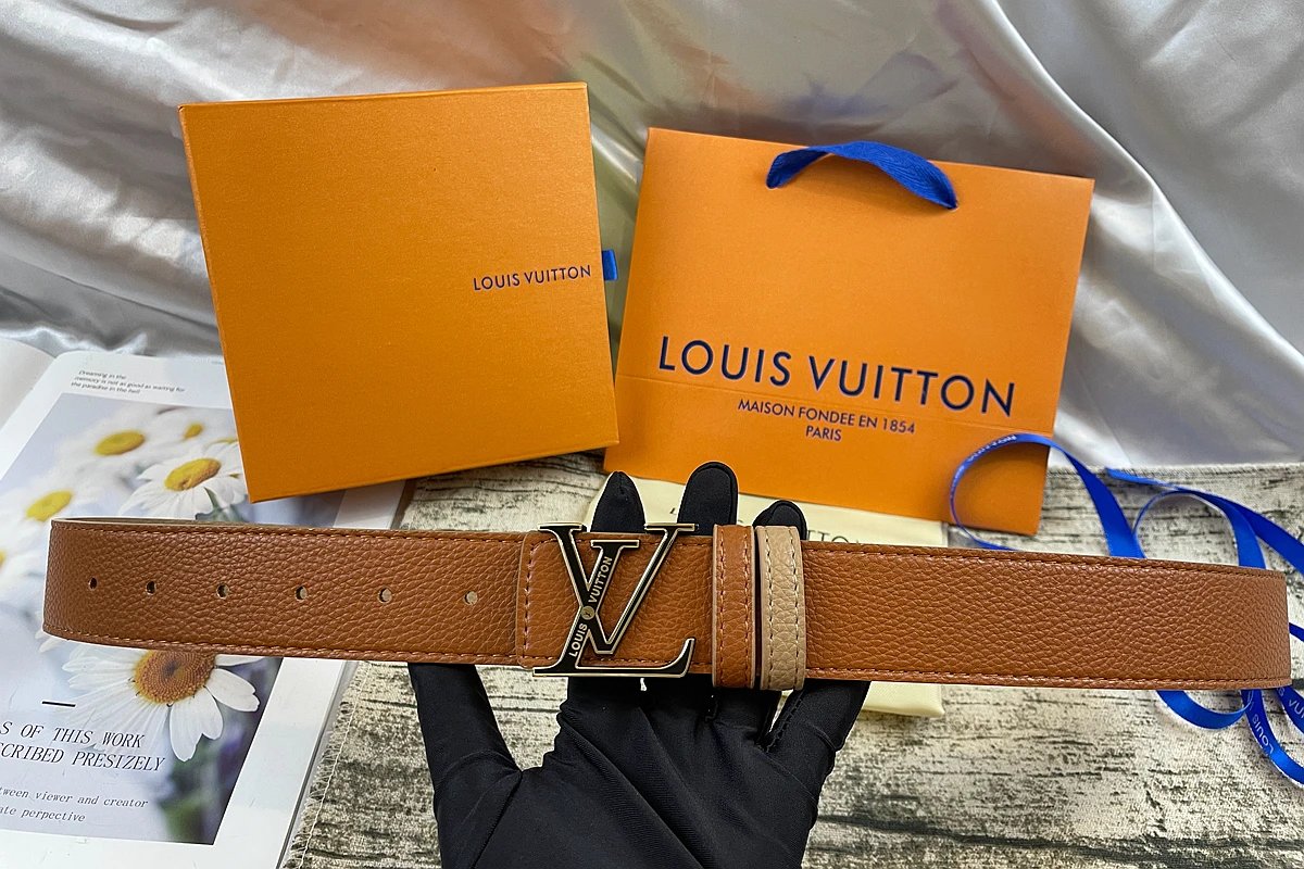 Louis Vuitton Initiales Reversible Belt Engraved Silver Buckle Tan Beige