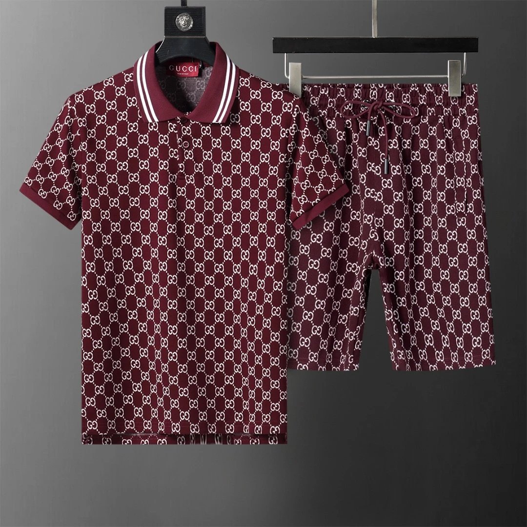 Gucci GG Monogram Polo Shirt and Shorts Set Burgundy