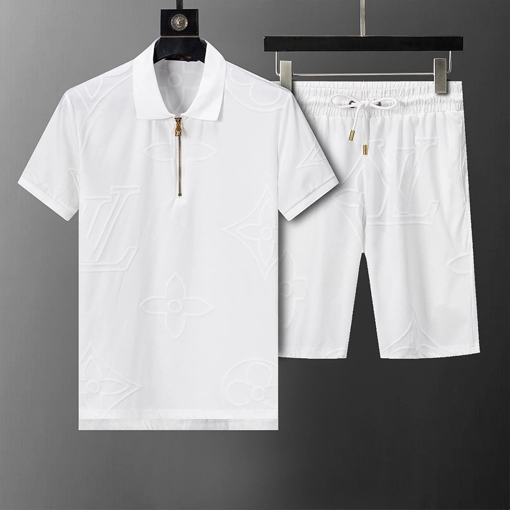 Louis Vuitton LV Embossed Monogram Zip Polo Shirt and Shorts Set White