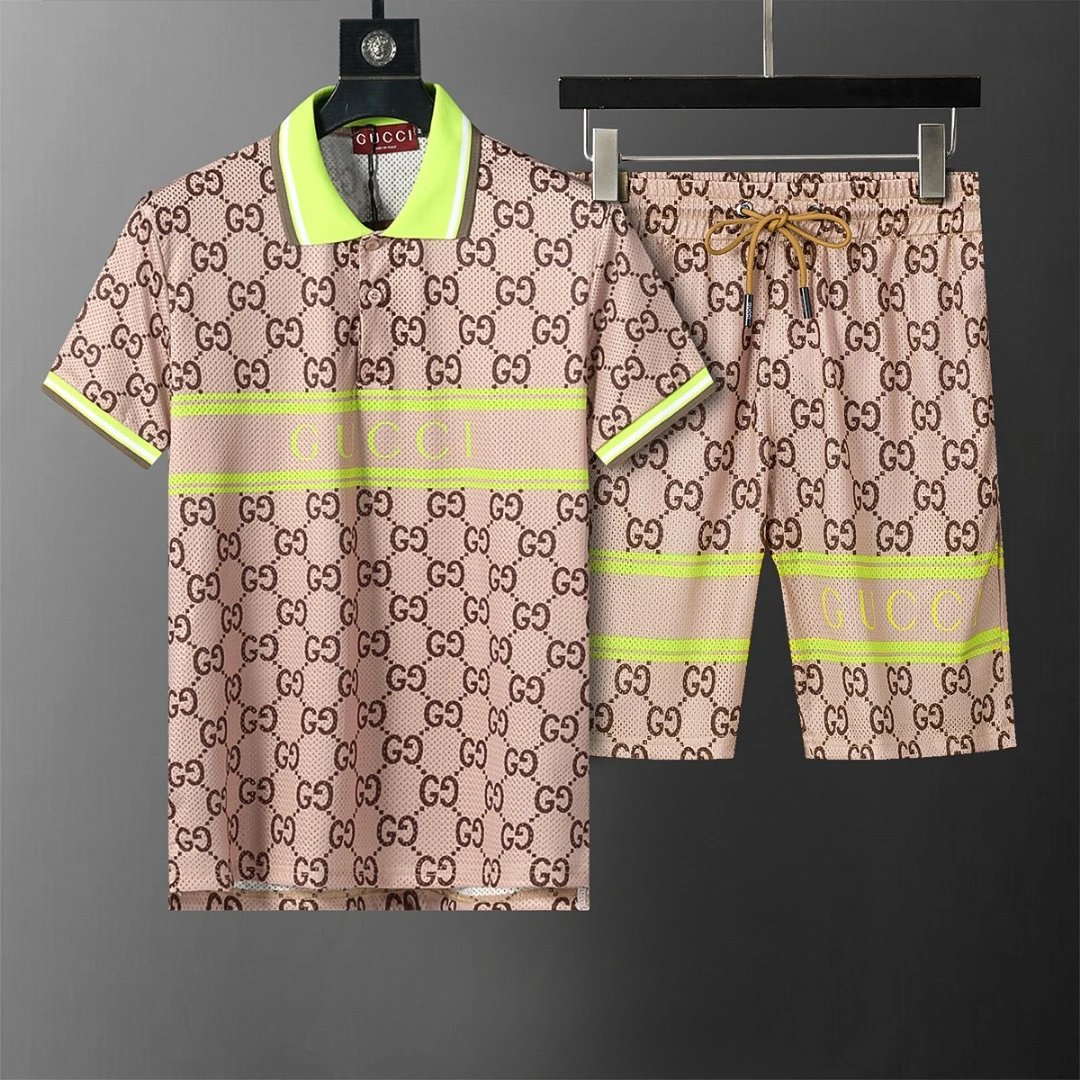 Gucci GG Monogram Polo Shirt and Shorts Set Beige Yellow