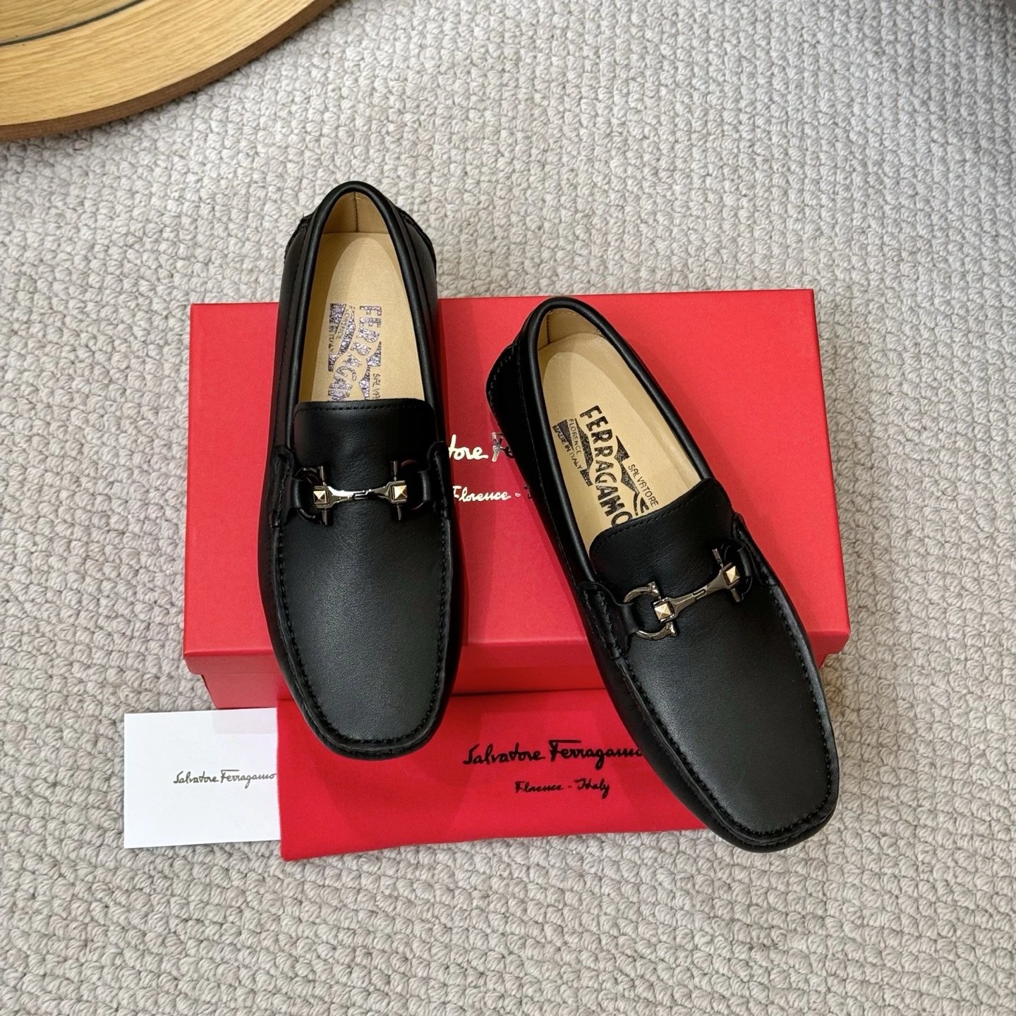 Salvatore Ferragamo Gancini Driver Loafer Black Gold