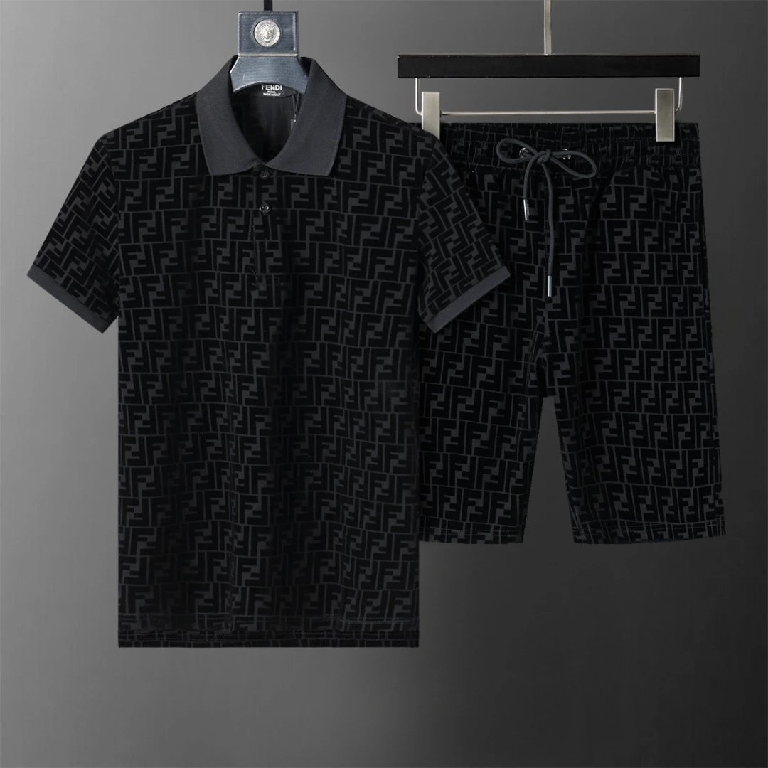 Fendi FF Monogram All Over Polo Shirt and Shorts Set Black