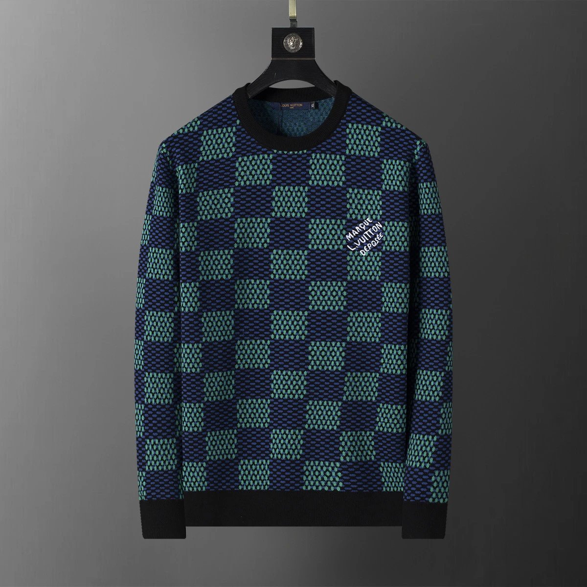 Louis Vuitton Monogram Knit Sweater Charcoal Gray with Light Blue LV and Flower Motifs - 8
