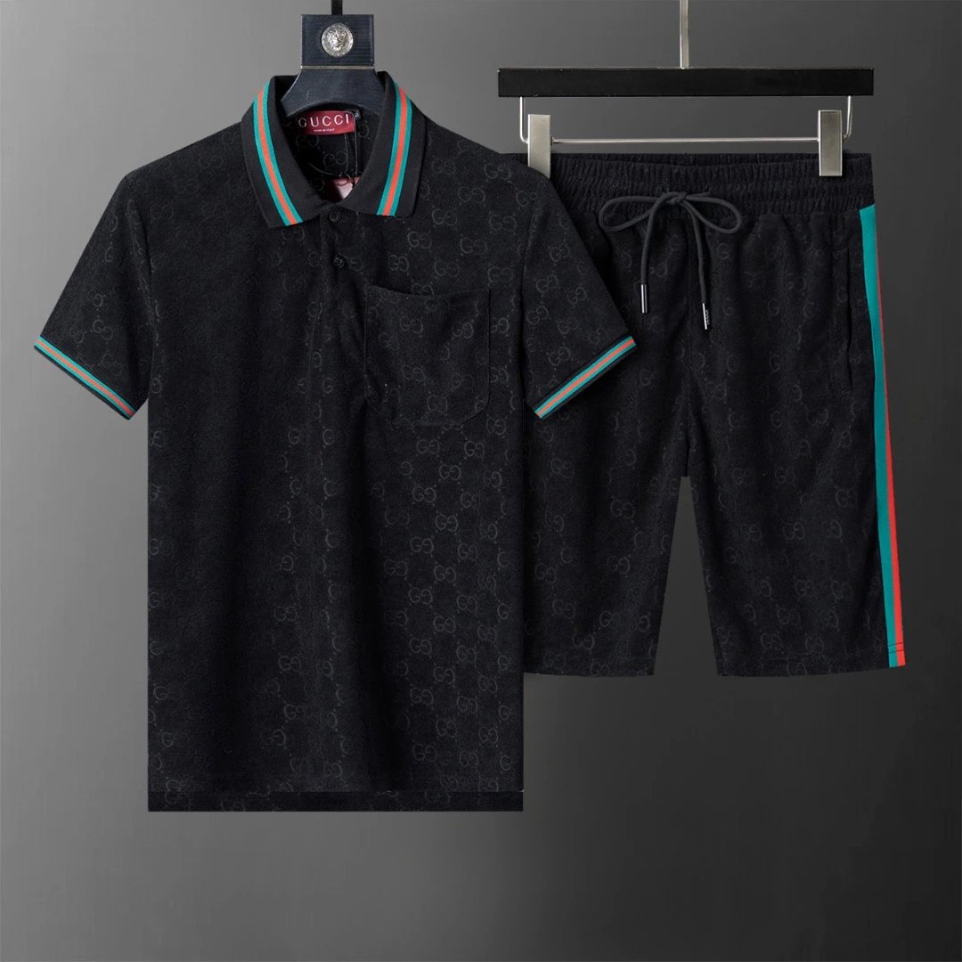 Gucci GG Web Stripe Terry Polo Shirt and Shorts Set Black