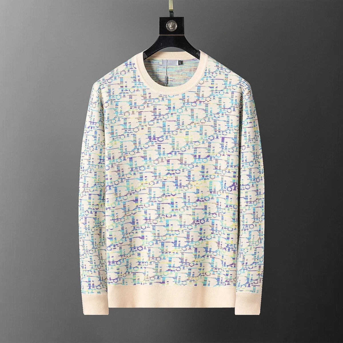 Louis Vuitton Monogram Knit Sweater Charcoal Gray with Light Blue LV and Flower Motifs - 11