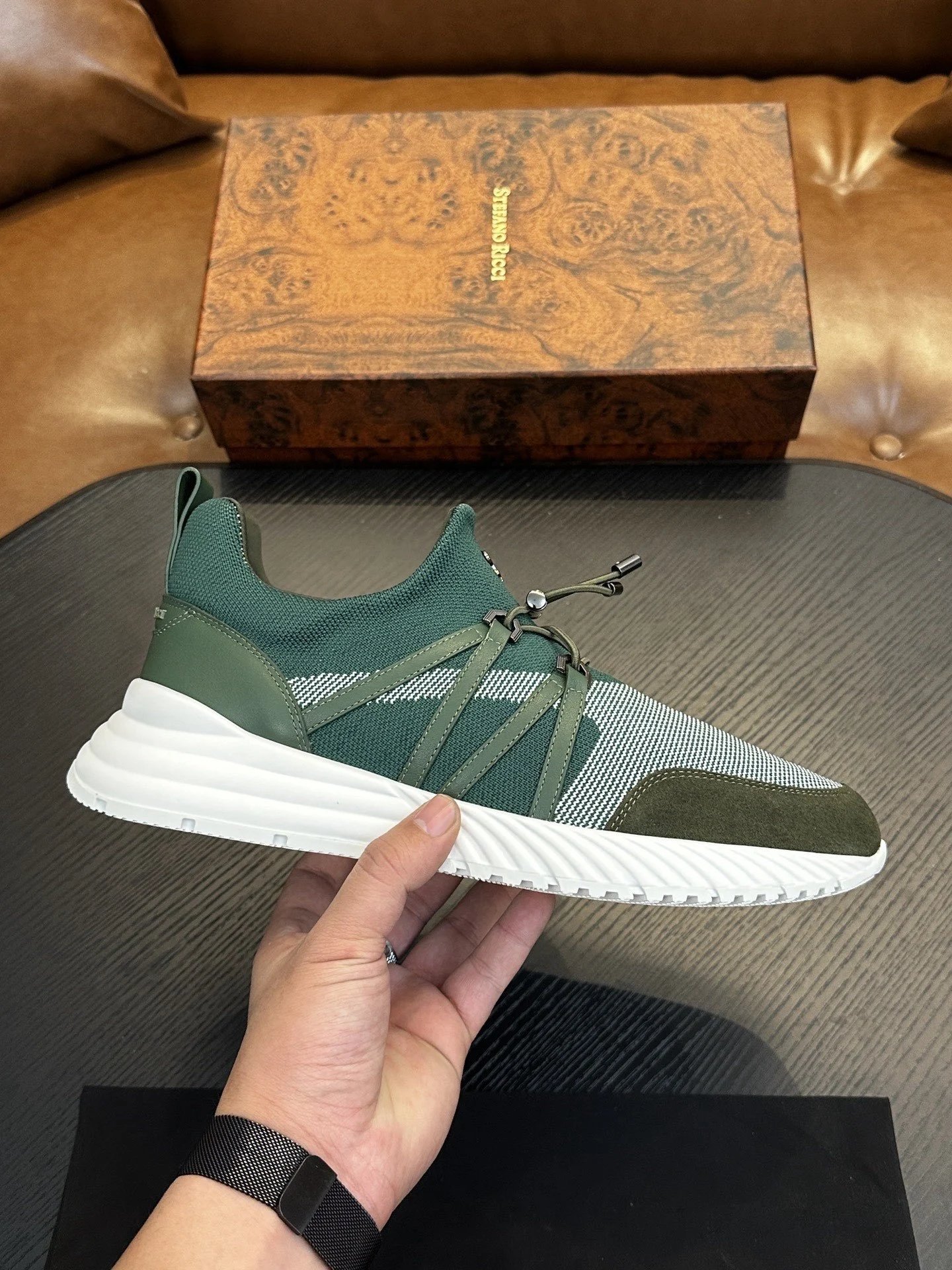 Stefano Ricci Knit Runner Sneaker Olive Green White