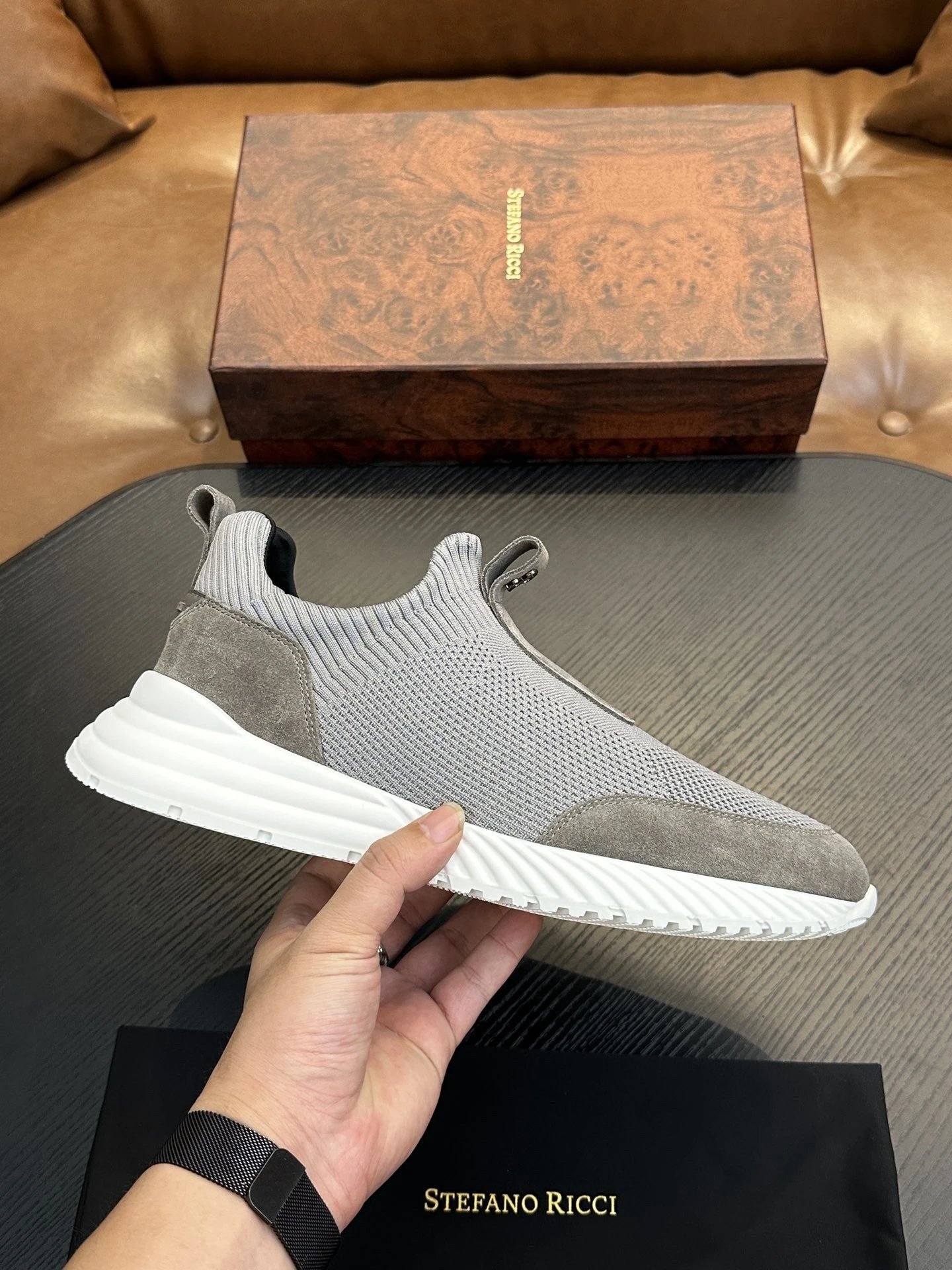 Stefano Ricci Slip On Knit Sneaker Grey Suede White