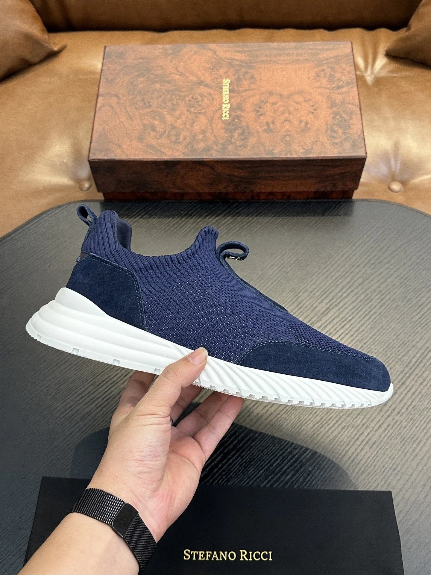 Stefano Ricci Slip On Knit Sneaker Navy Suede White
