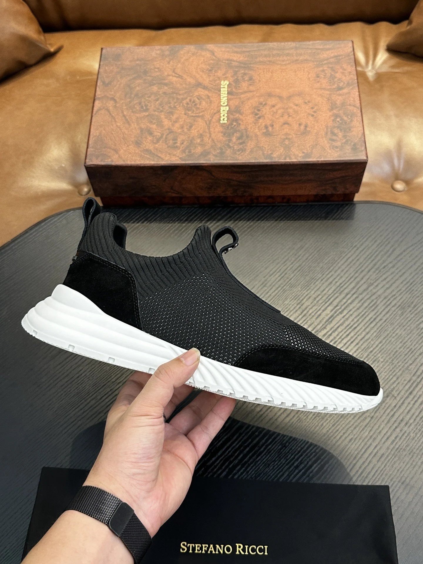 Stefano Ricci Slip On Knit Sneaker Black Suede White