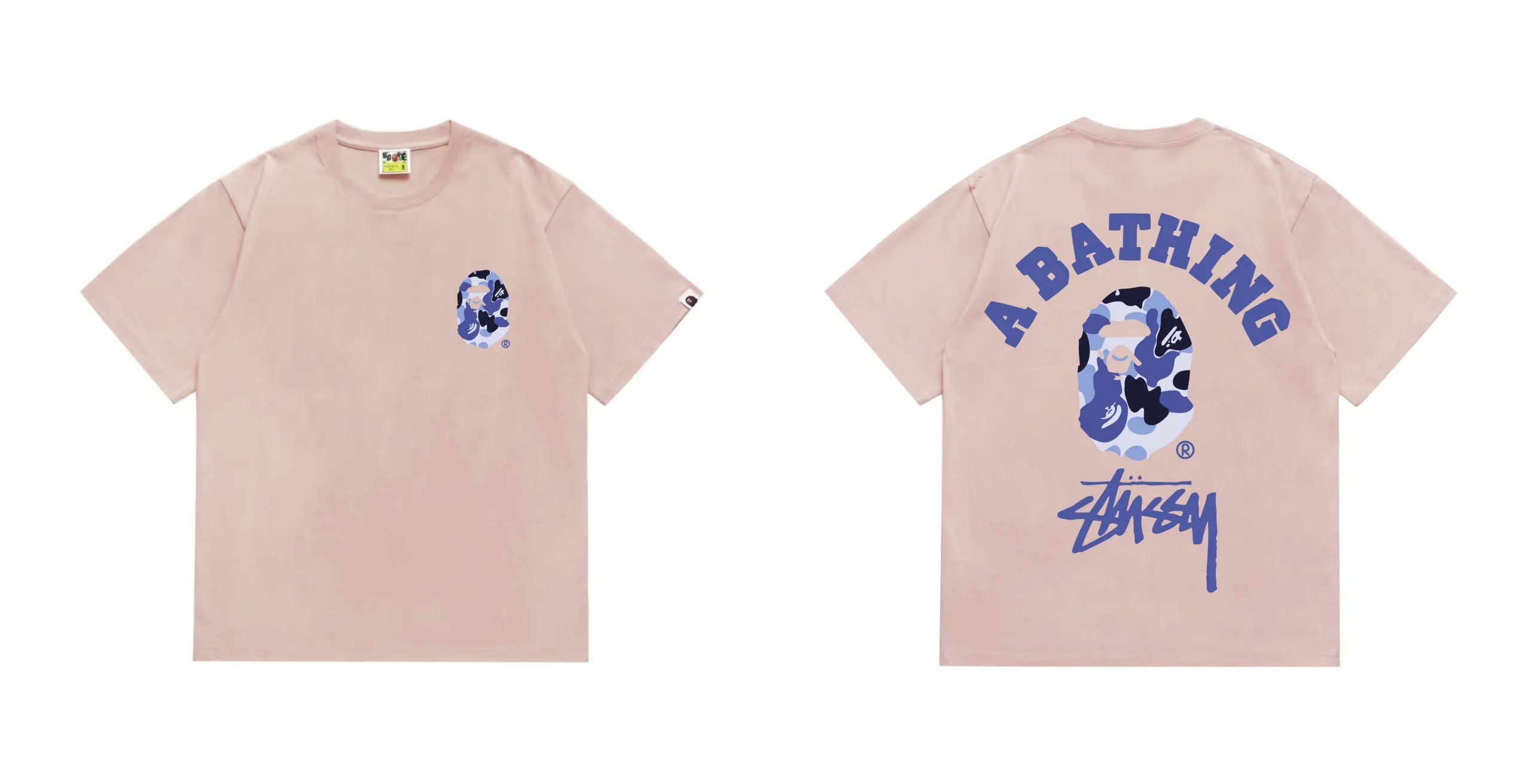 BAPE x Stussy ABC Camo College T-Shirt Pink Blue Camo