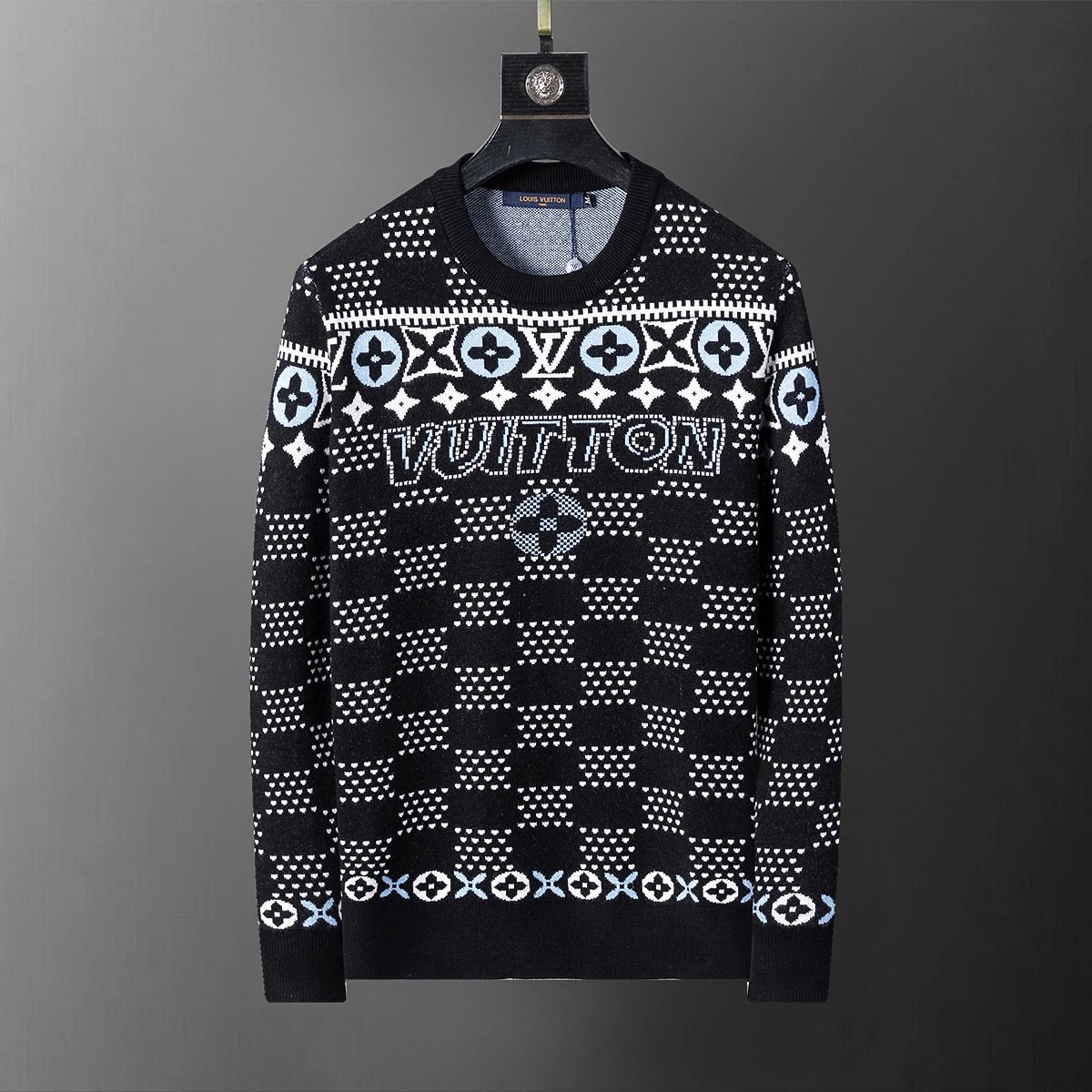 Louis Vuitton Monogram Knit Sweater Charcoal Gray with Light Blue LV and Flower Motifs - 7