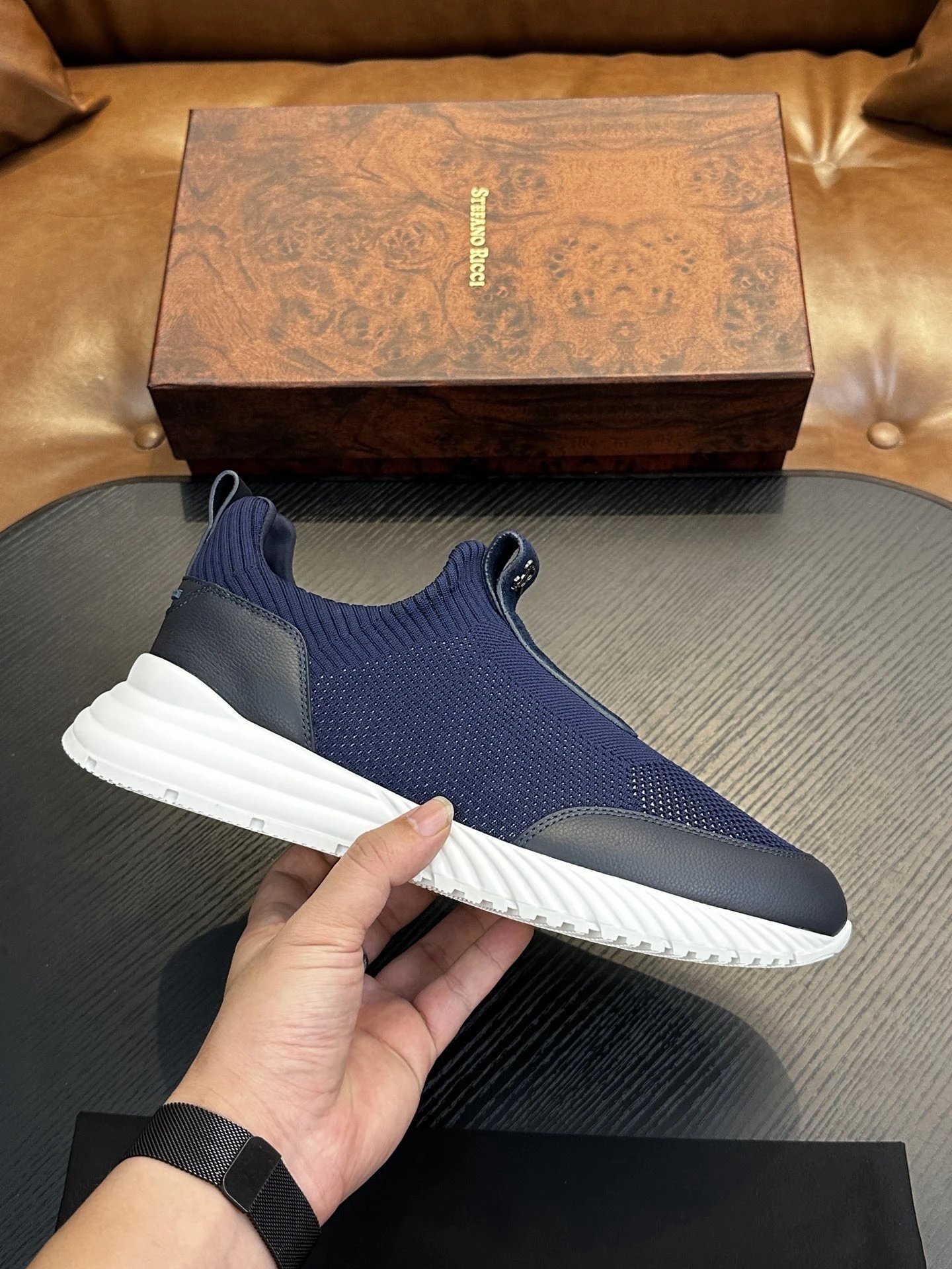 Stefano Ricci Slip On Knit Sneaker Navy Blue White