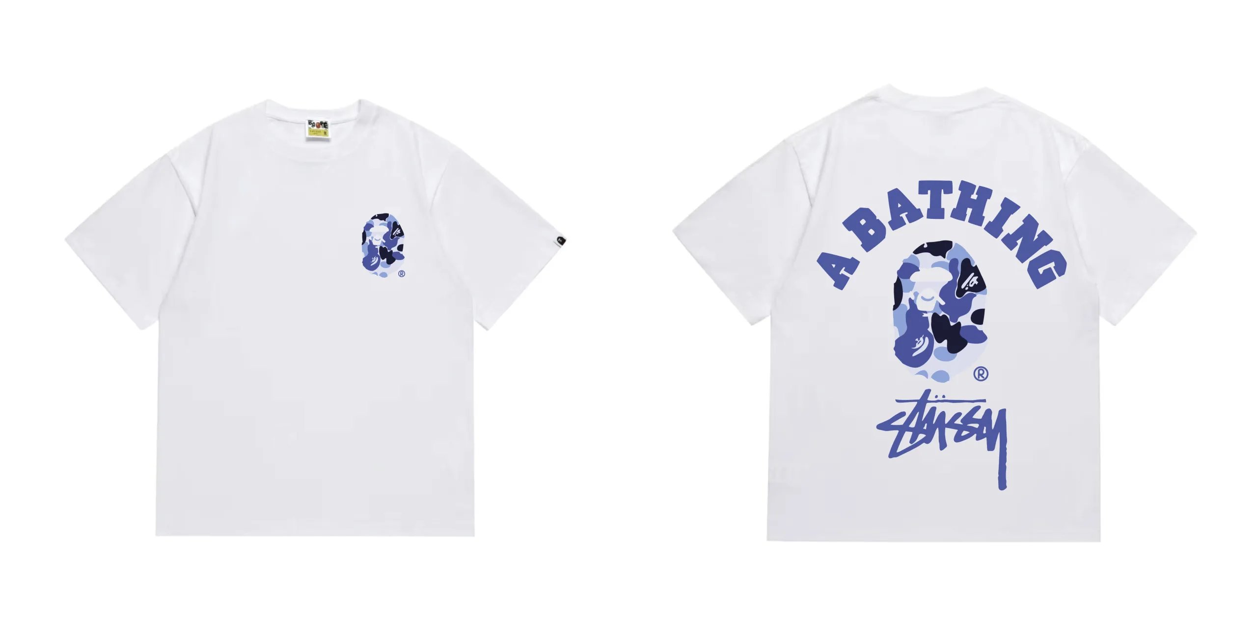 BAPE x Stussy ABC Camo College T-Shirt White Blue Camo