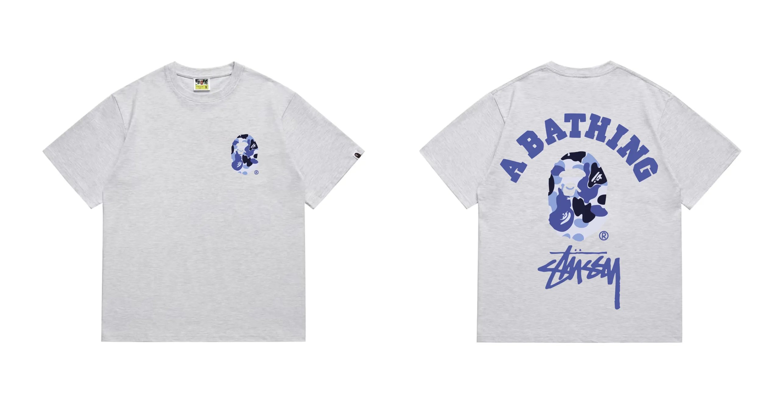 BAPE x Stussy ABC Camo College T-Shirt Grey Blue Camo