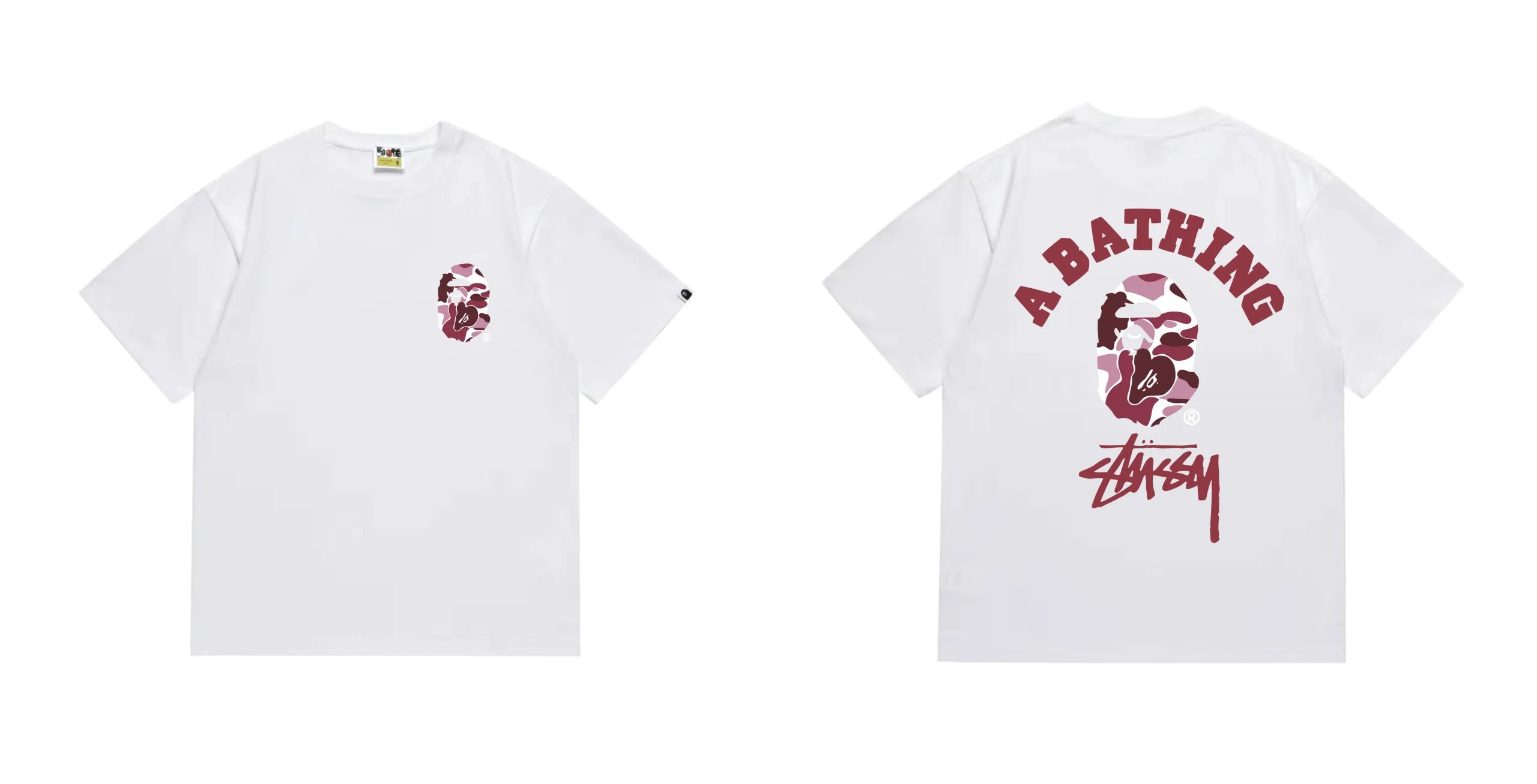 BAPE x Stussy ABC Camo College T-Shirt White Red Camo