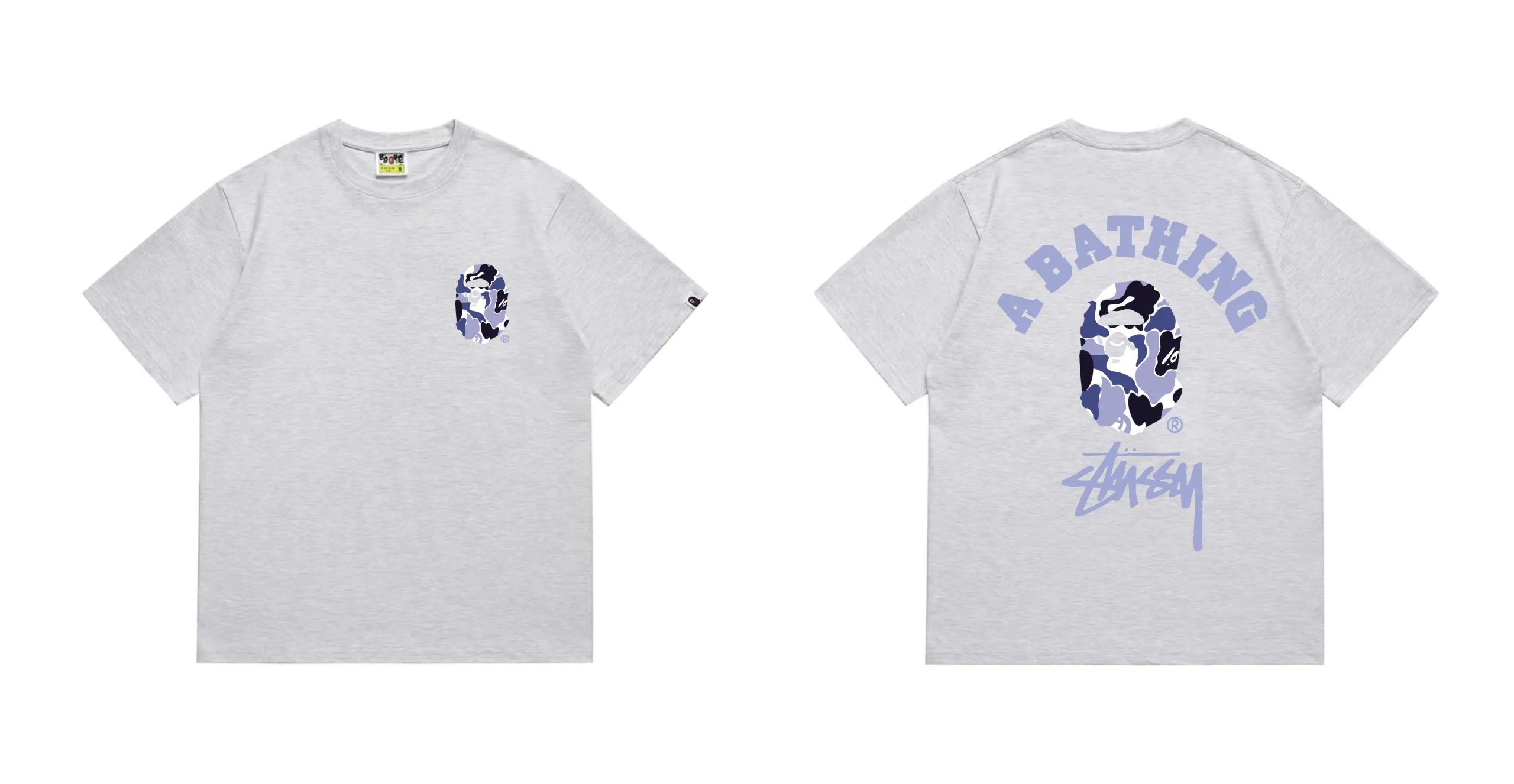 BAPE x Stussy ABC Camo College T-Shirt Grey Purple Camo