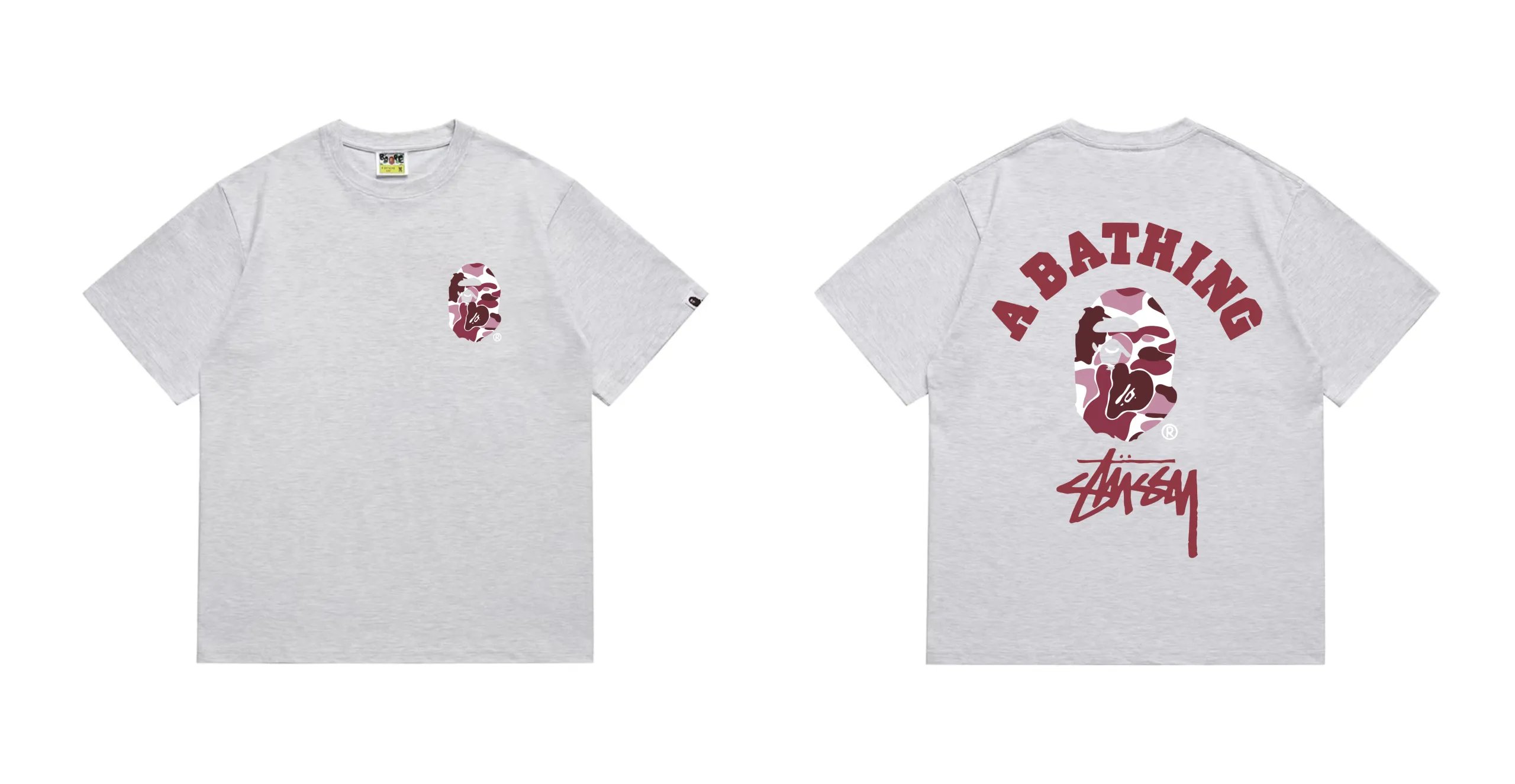 BAPE x Stussy A Bathing Ape Camo College Tee Grey Pink