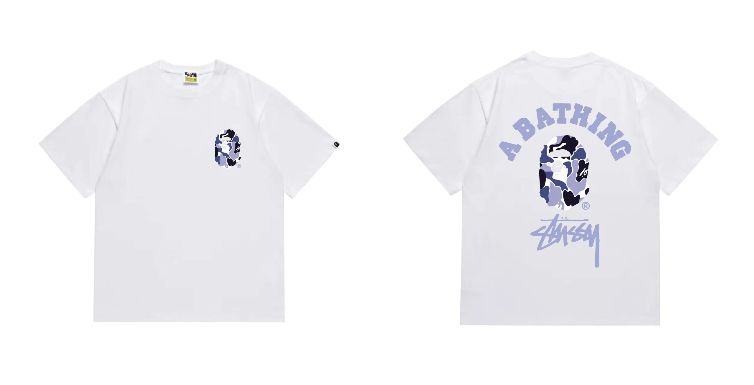 BAPE x Stussy ABC Camo College T-Shirt White Purple Camo
