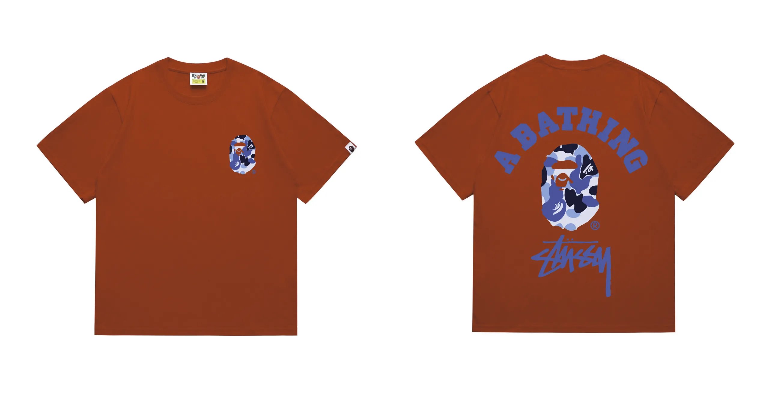 BAPE x Stussy ABC Camo College T-Shirt Brown Blue Camo