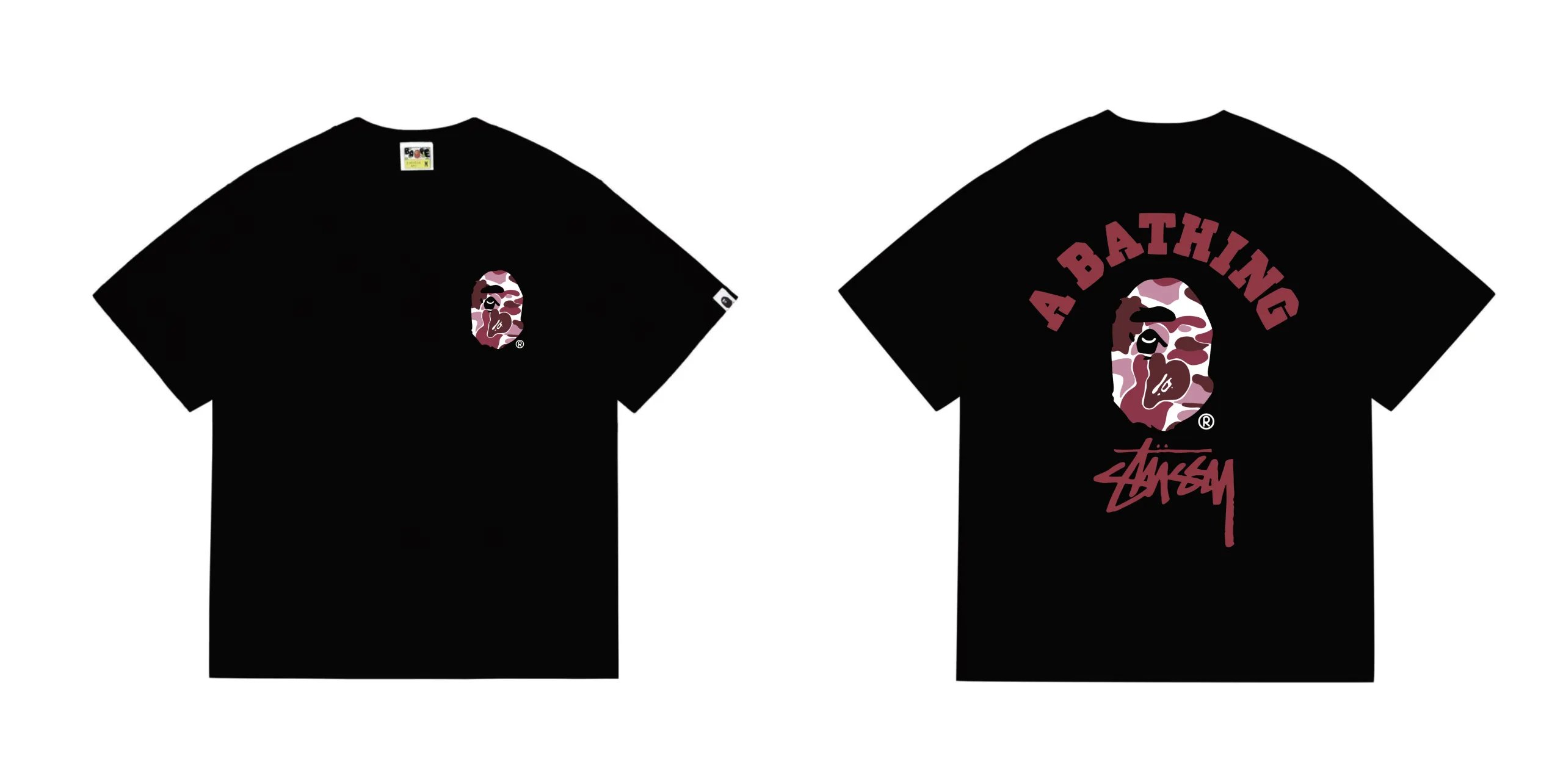 BAPE x Stussy A Bathing Ape Camo College Tee Black Pink
