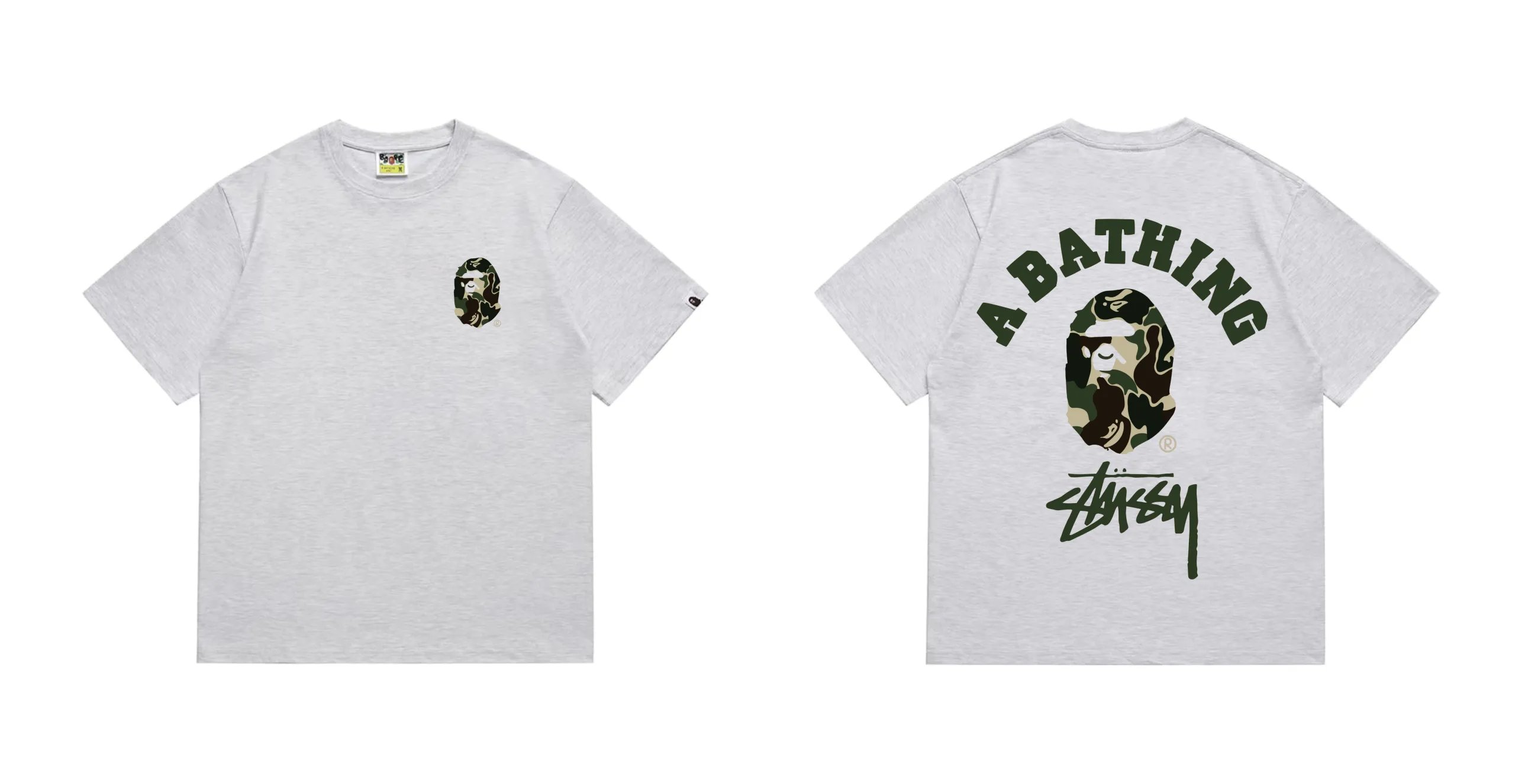 BAPE x Stussy ABC Camo College T-Shirt Grey Green Camo