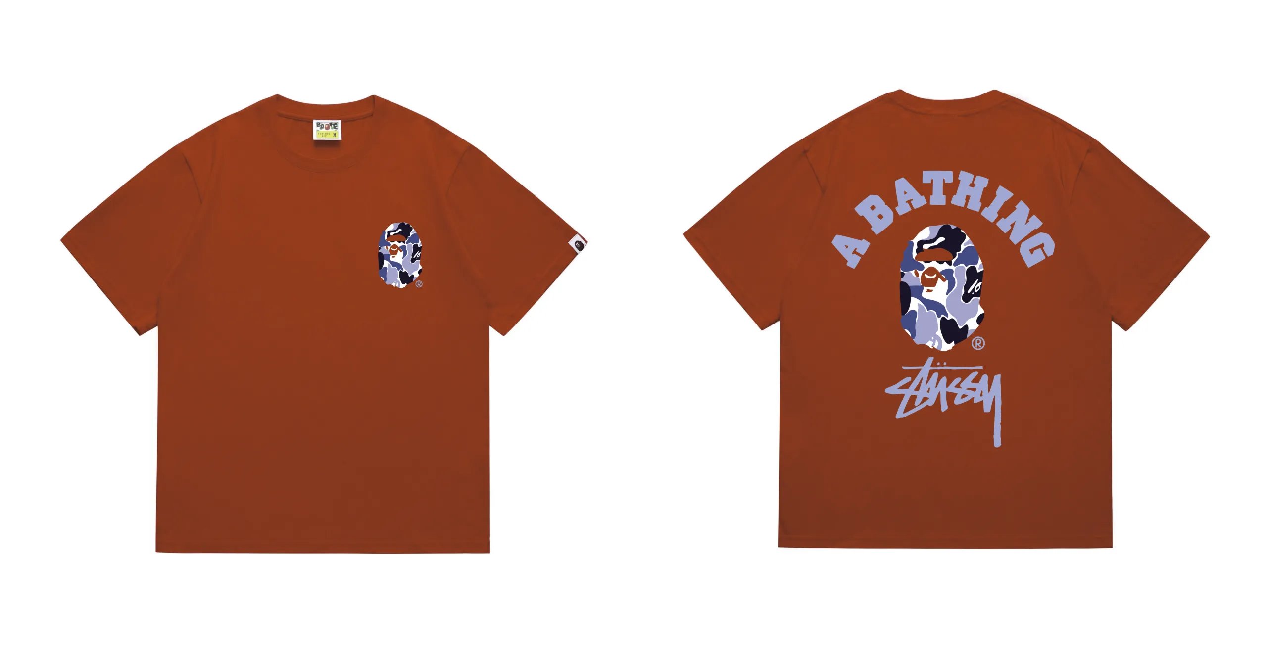 BAPE x Stussy ABC Camo College T-Shirt Brown Purple Camo