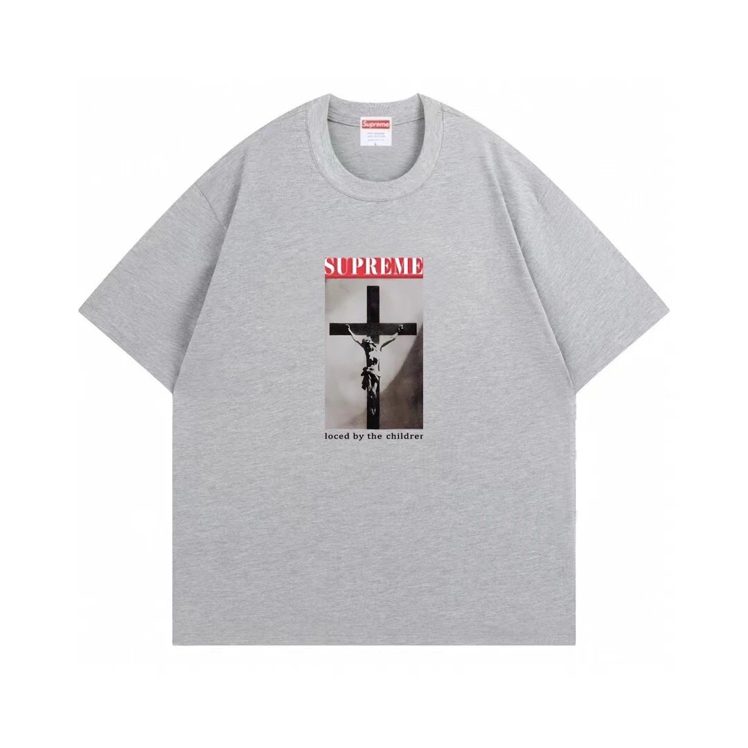 Supreme Crucifix Photo Print Tee Heather Grey Cotton Short Sleeve