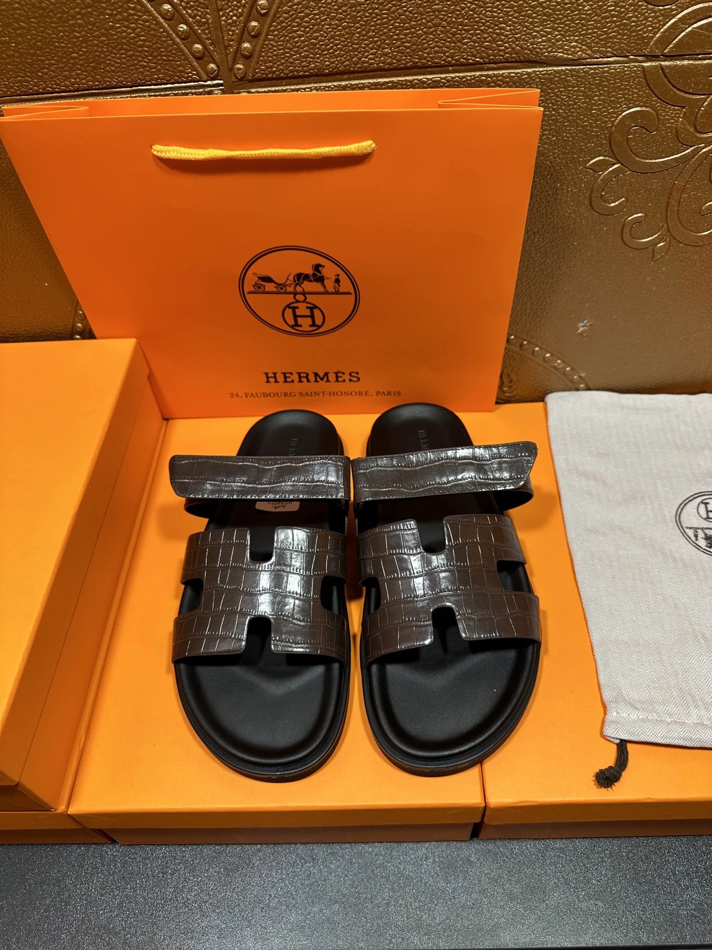 Hermès Oran Sandals Tan Suede and Black Rubber Slippers - 8