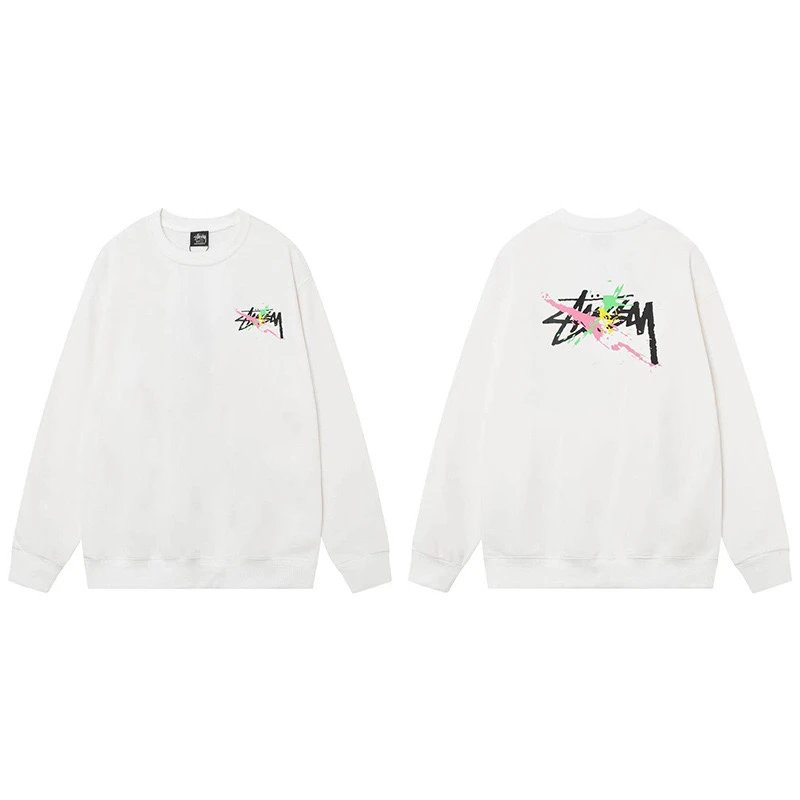 Stussy Paint Splatter Logo Crewneck White