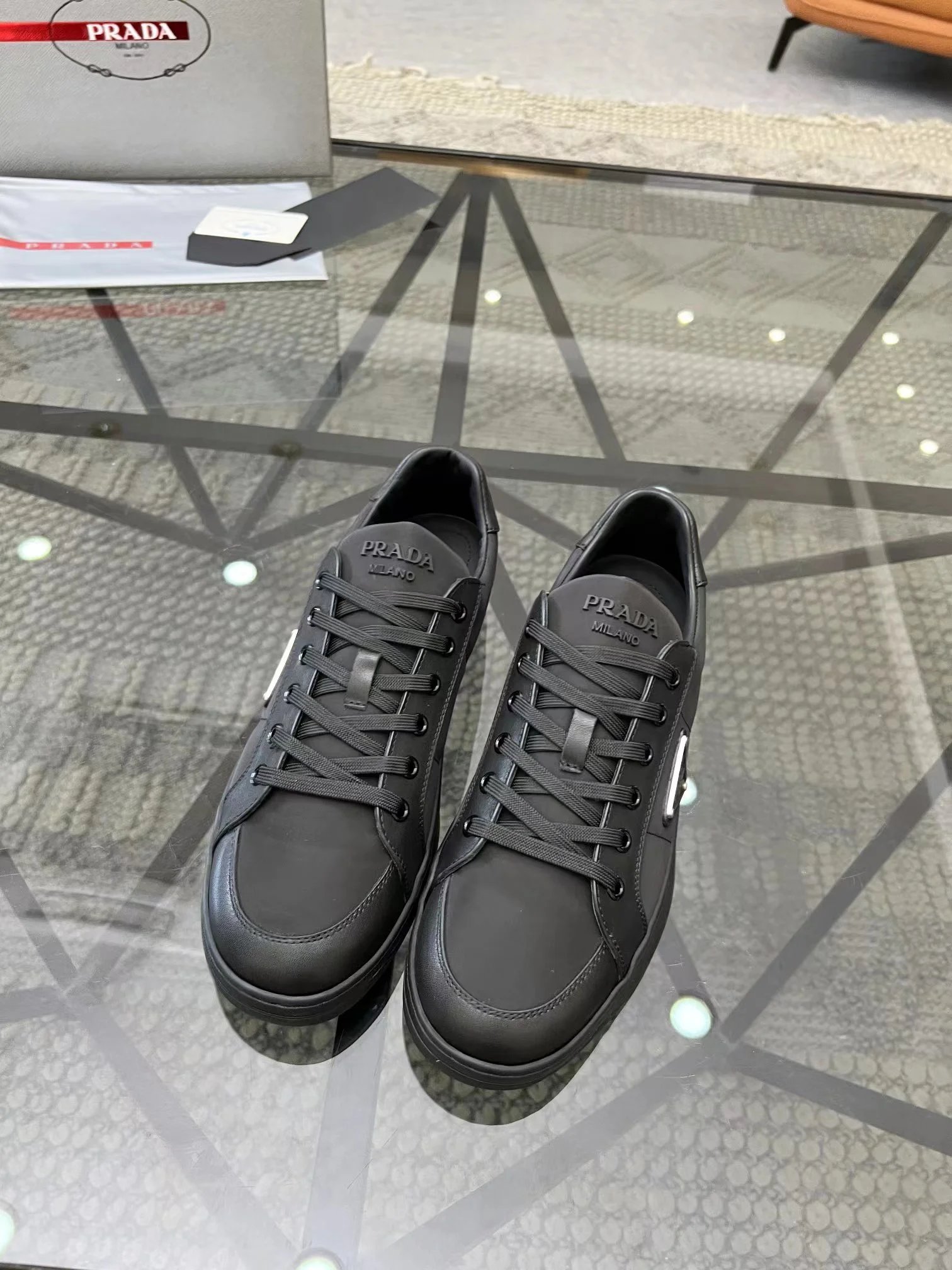 Prada Nylon Leather Low Top Sneaker Black