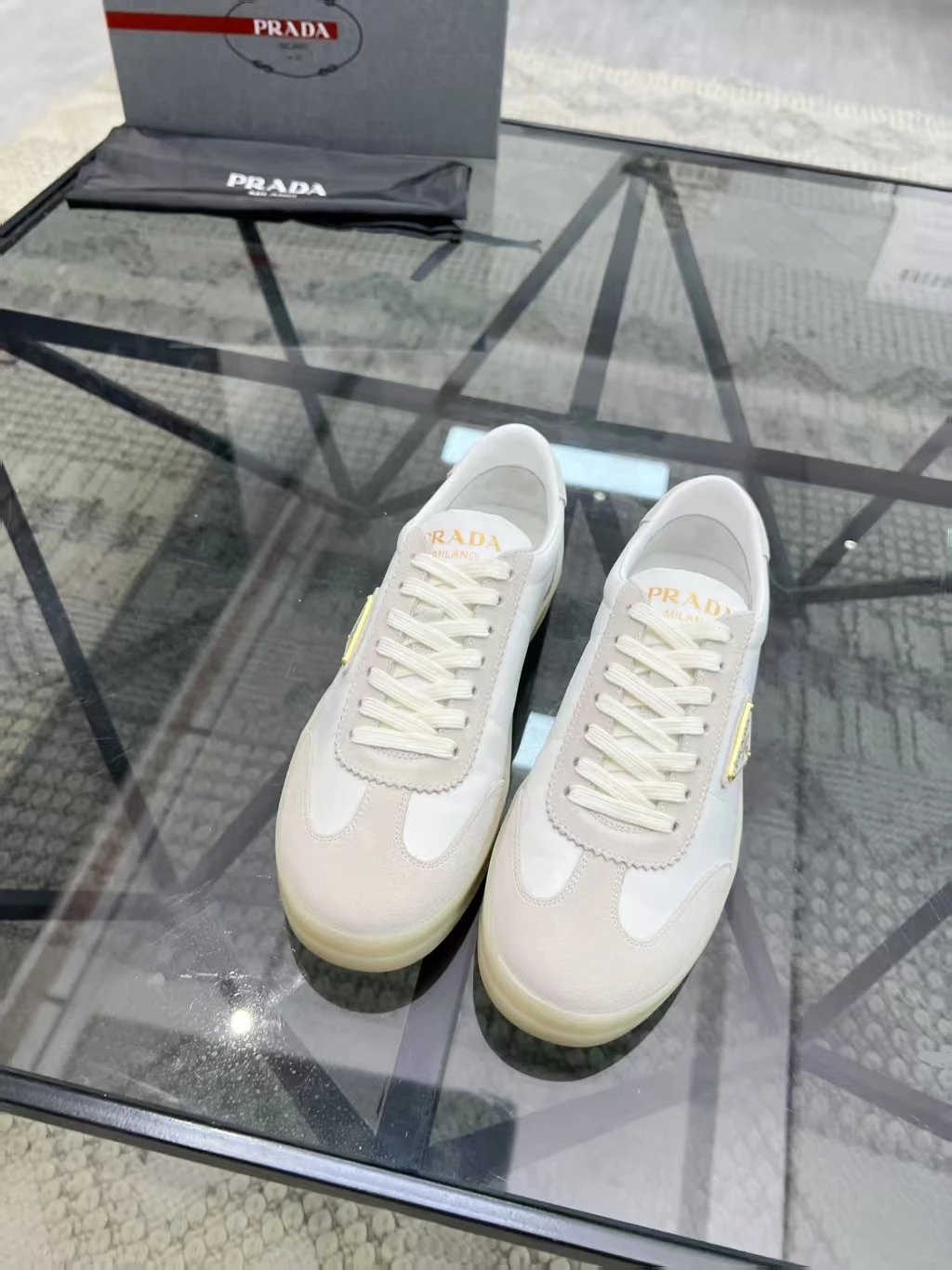 Prada Suede Logo Low Top Sneaker White Beige