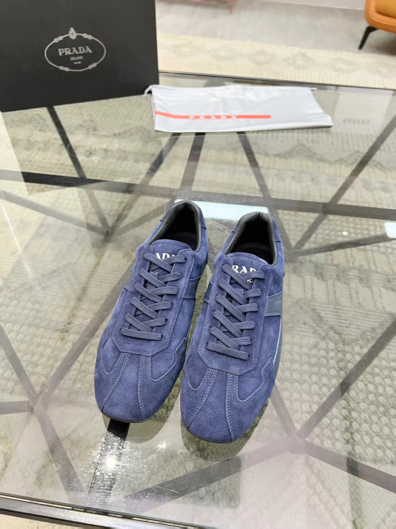 Prada Suede Side Stripe Sneaker Navy Blue
