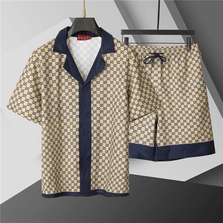 Gucci GG Supreme Silk Shirt and Shorts Set Beige Navy