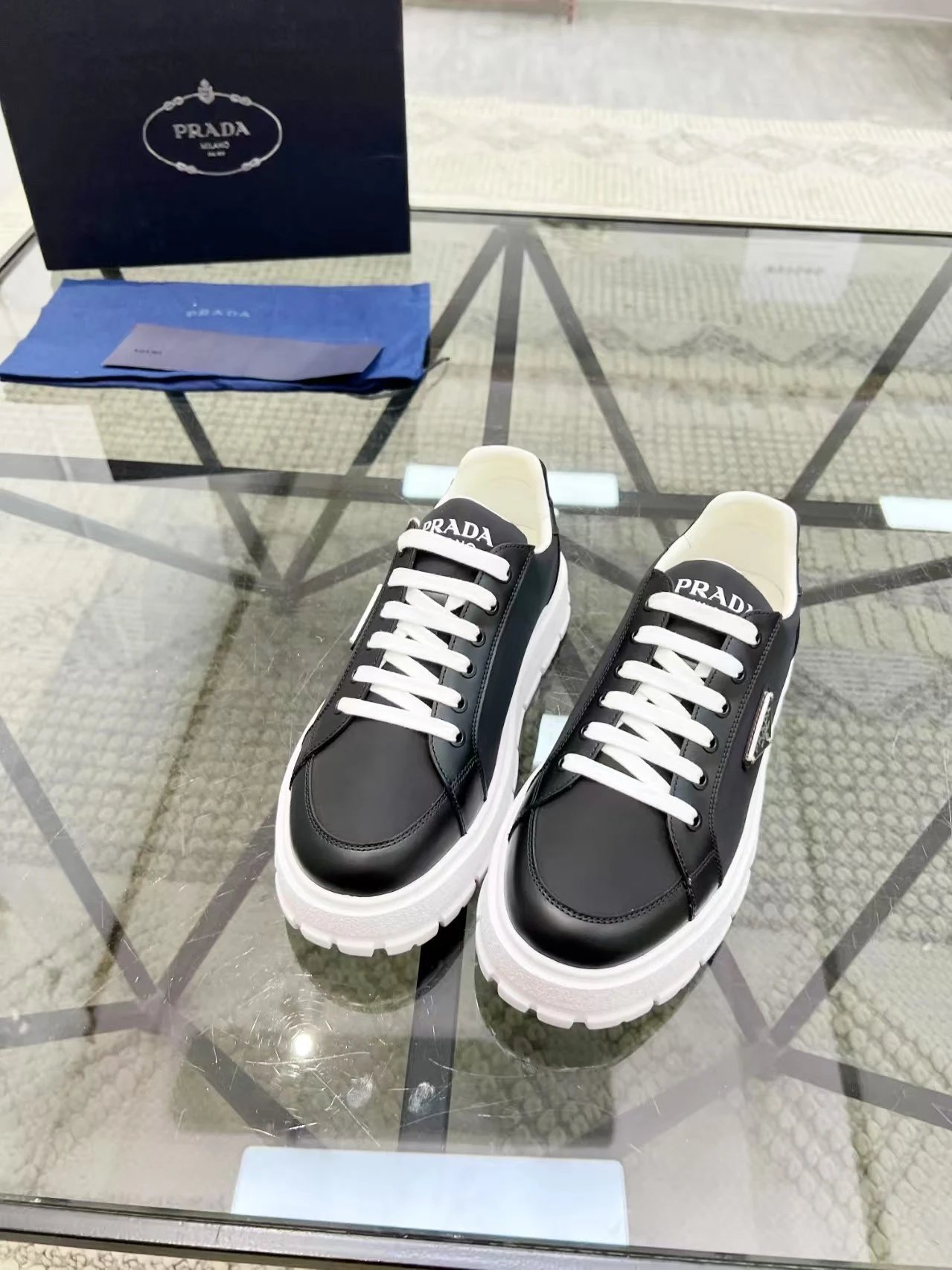 Prada Leather Triangle Logo Sneaker Black White