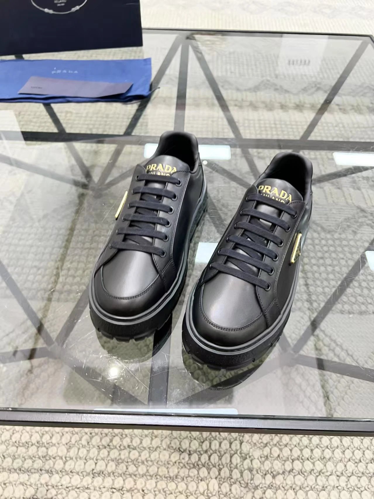 Prada Leather Logo Platform Sneaker Black