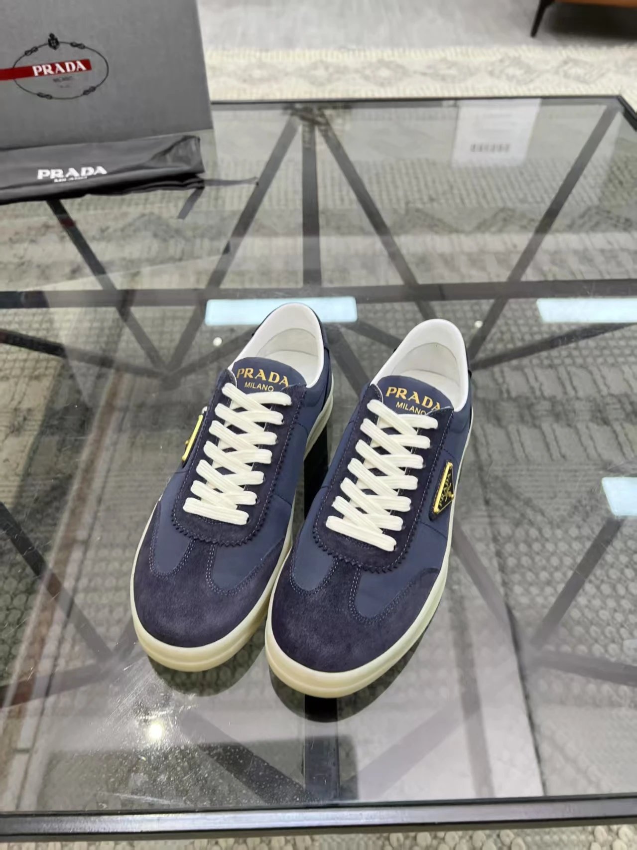 Prada Nylon Suede Low Top Sneaker Navy Blue