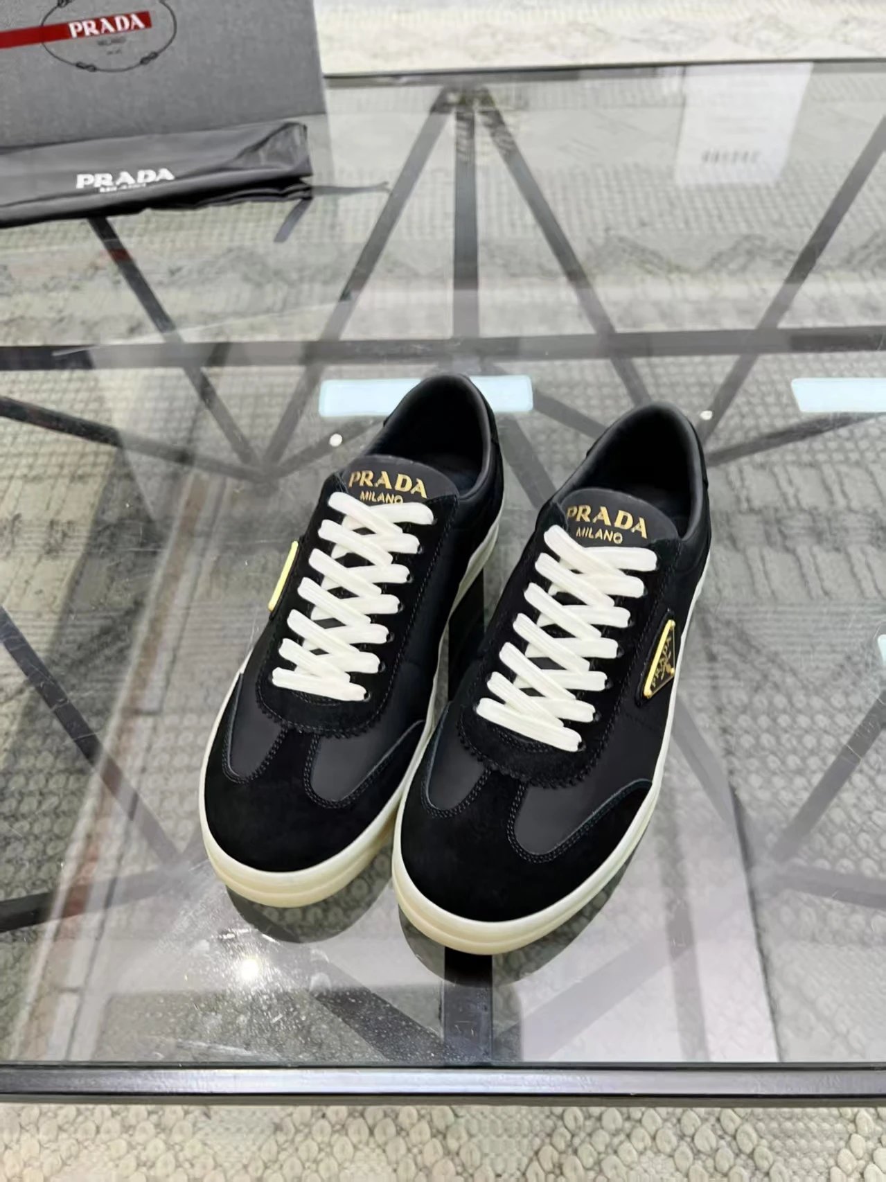 Prada Suede Logo Low Top Sneaker Black White