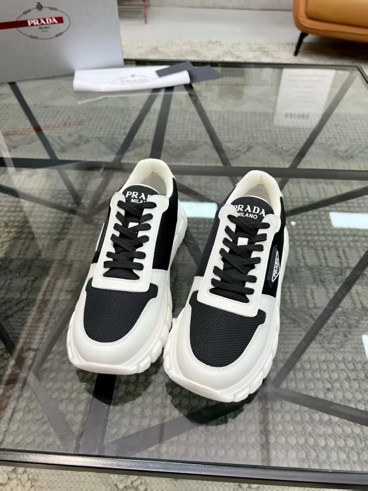 Prada Mesh Leather Chunky Sneaker Black White