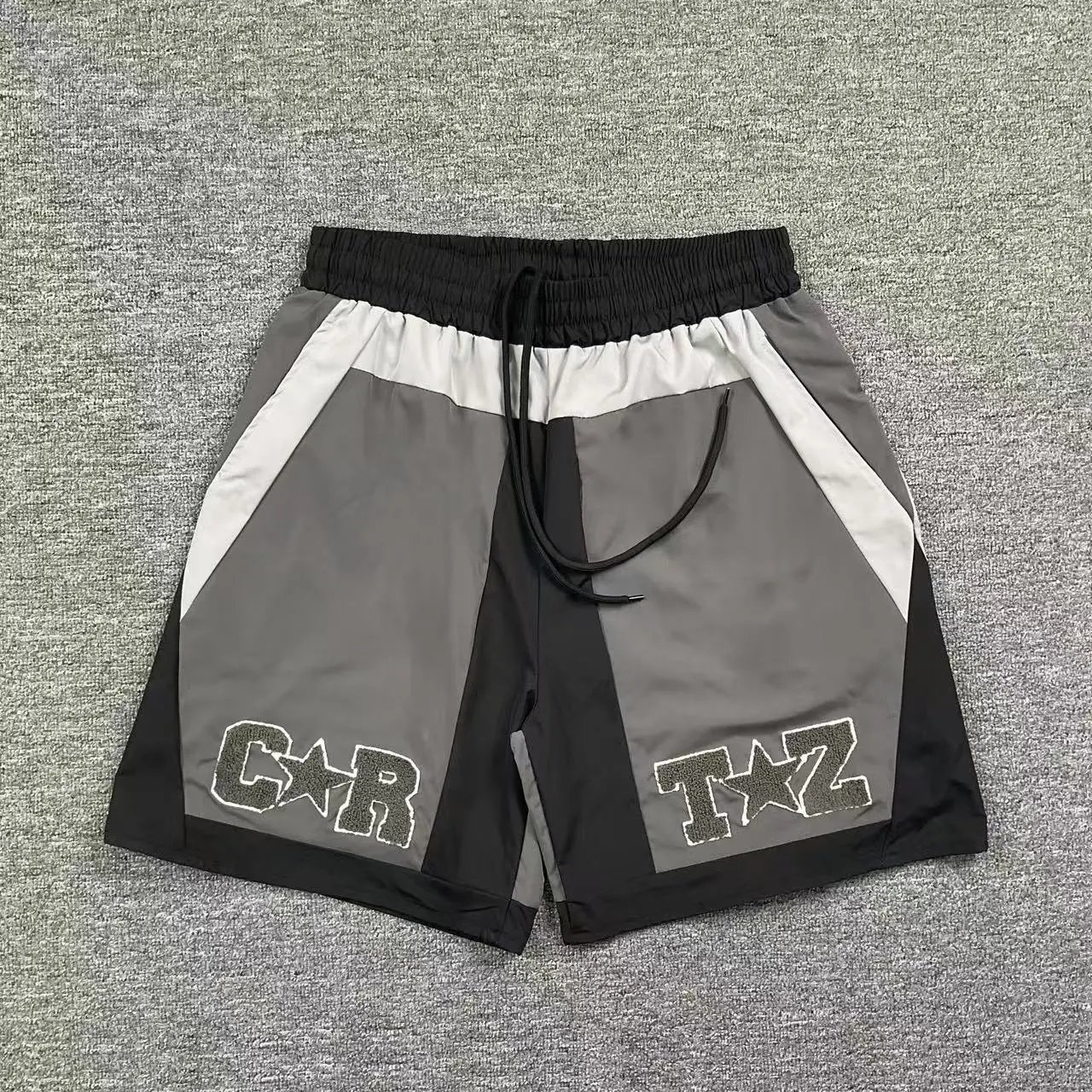 Unbranded Shorts Color-block drawstring with chenille letter-and-star patches — 1