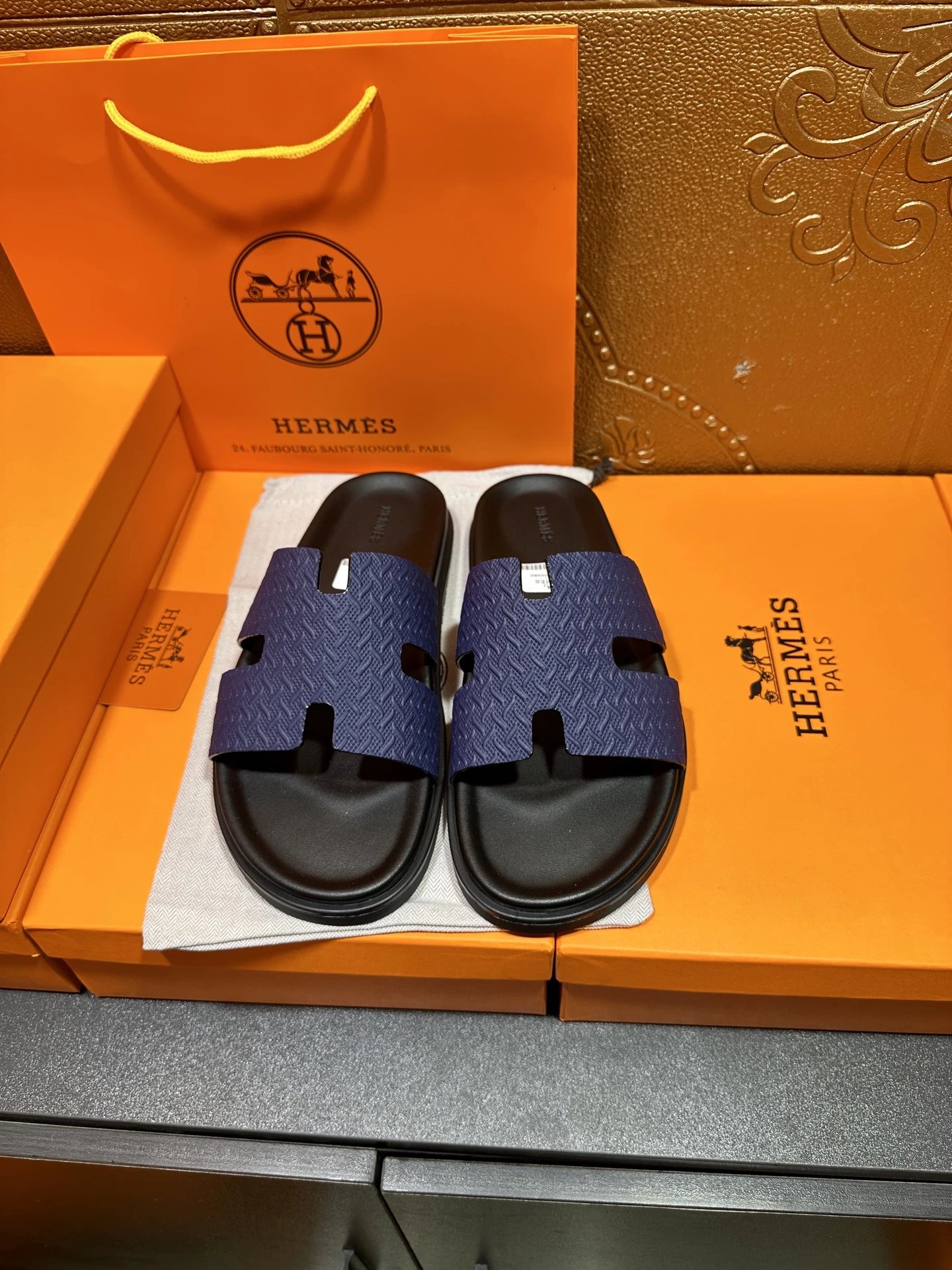 Hermes Izmir Sandal Purple Embossed Black