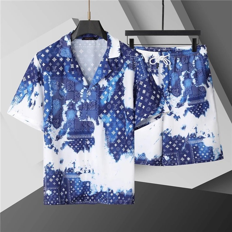 【DX4-14】Summer Short-Sleeve Retro Monogram Loose Fit Shorts & Shirt Set