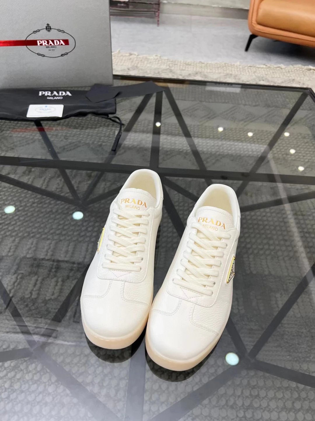 Prada Leather Logo Low Top Sneaker Cream