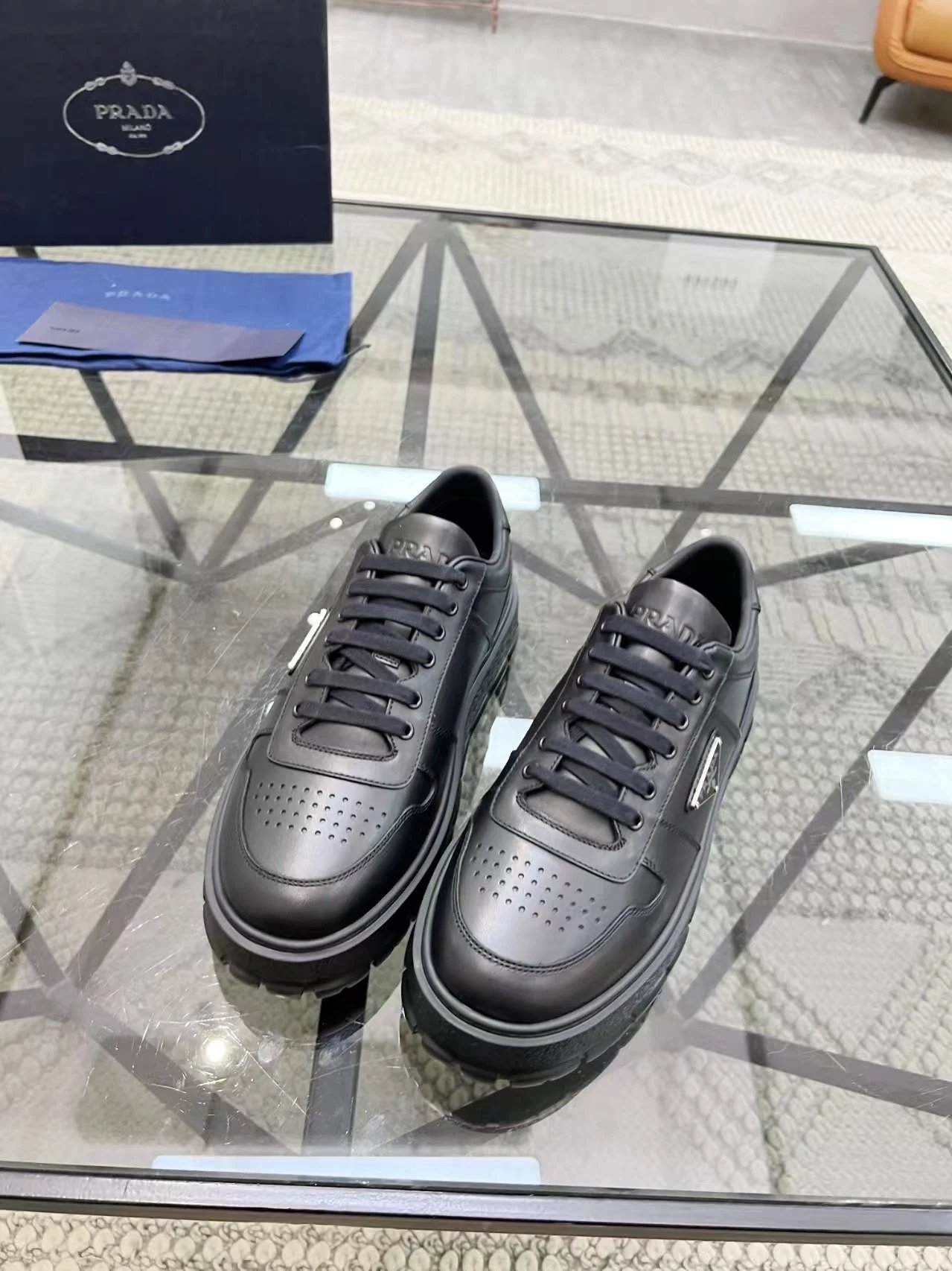 Prada Perforated Leather Platform Sneaker Black