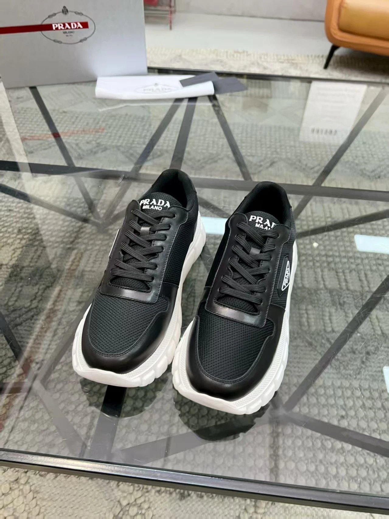 Prada Mesh Leather Chunky Sneaker Black White