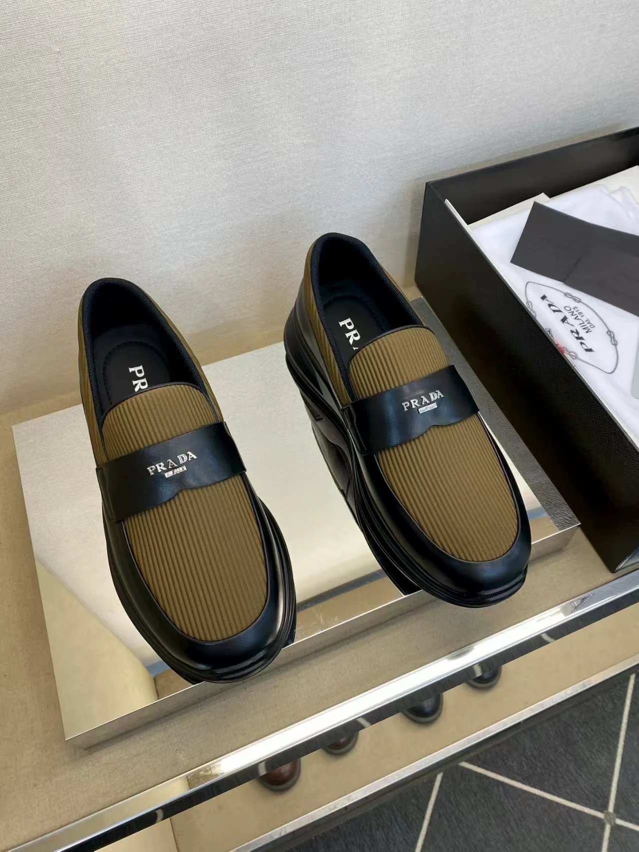 Prada Ribbed Leather Loafer Khaki Black