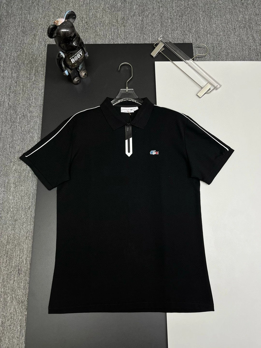 Lacoste Zip Polo Shirt Black White Side Stripe