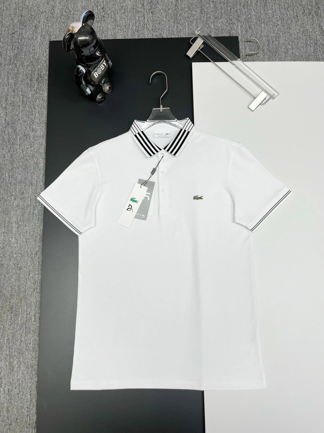 Lacoste Pique Polo Shirt White Black Stripe Collar